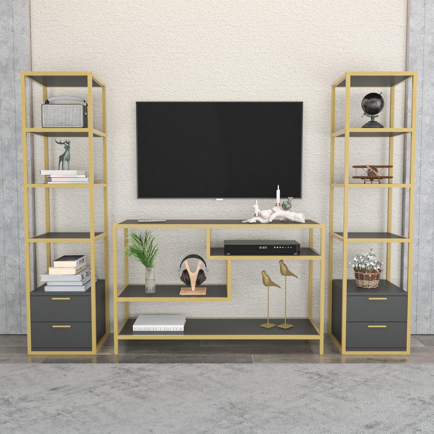 Móvel de TV Glamouroso, Dourado e Antracite, 198 x 39 x 160 cm | Painel de partículas 100% revestido em melamina, 18 mm de espessura | Armazenamento elegante para salas de estar modernas