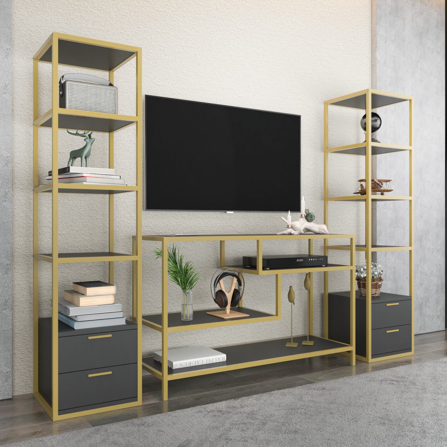 Móvel de TV Glamouroso, Dourado e Antracite, 198 x 39 x 160 cm | Painel de partículas 100% revestido em melamina, 18 mm de espessura | Armazenamento elegante para salas de estar modernas