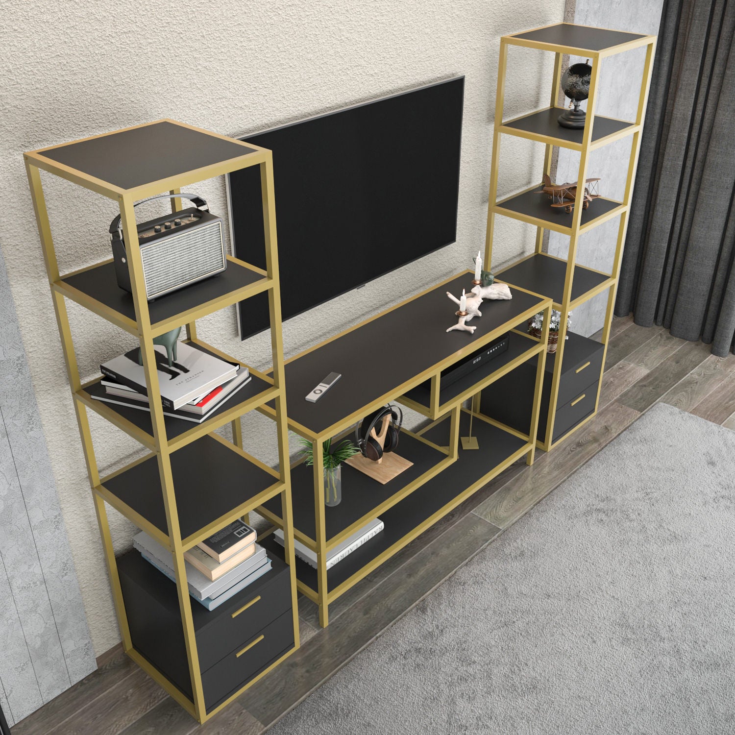 Móvel de TV Glamouroso, Dourado e Antracite, 198 x 39 x 160 cm | Painel de partículas 100% revestido em melamina, 18 mm de espessura | Armazenamento elegante para salas de estar modernas