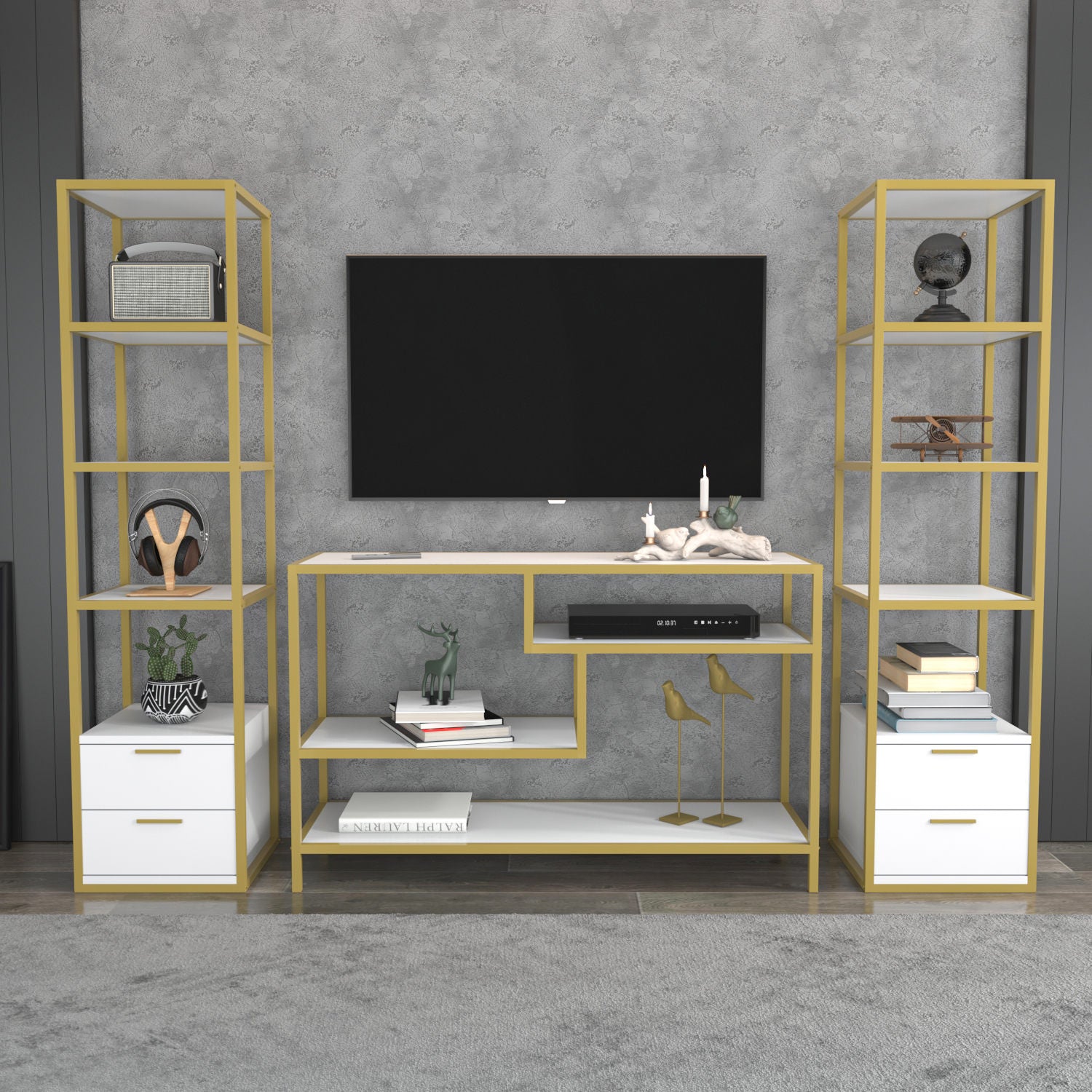 Móvel de TV Glamouroso, Dourado e Branco, 198 x 39 x 160 cm | Painel de partículas 100% revestido em melamina, 18 mm de espessura | Armazenamento elegante para salas de estar modernas