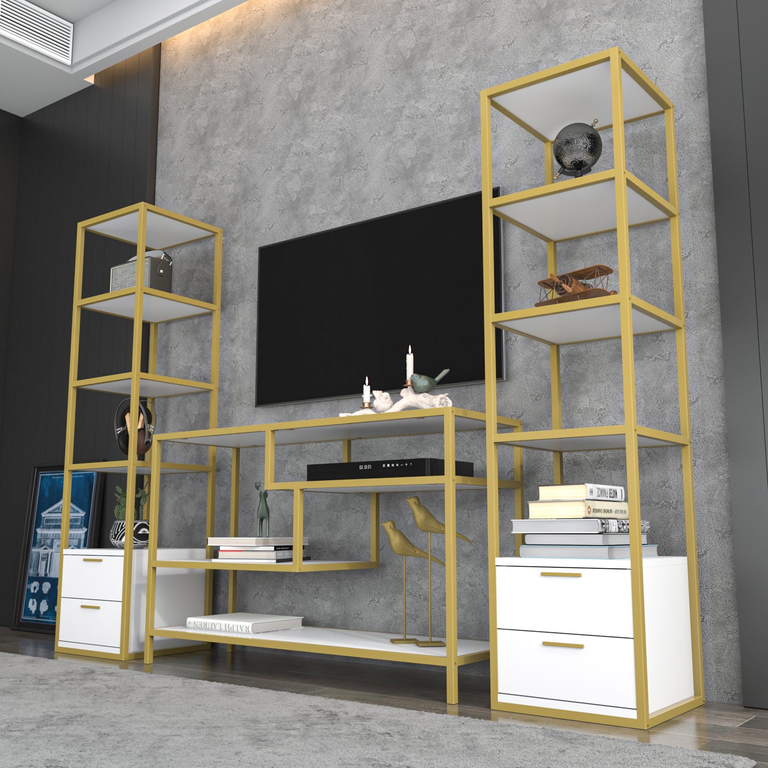 Móvel de TV Glamouroso, Dourado e Branco, 198 x 39 x 160 cm | Painel de partículas 100% revestido em melamina, 18 mm de espessura | Armazenamento elegante para salas de estar modernas