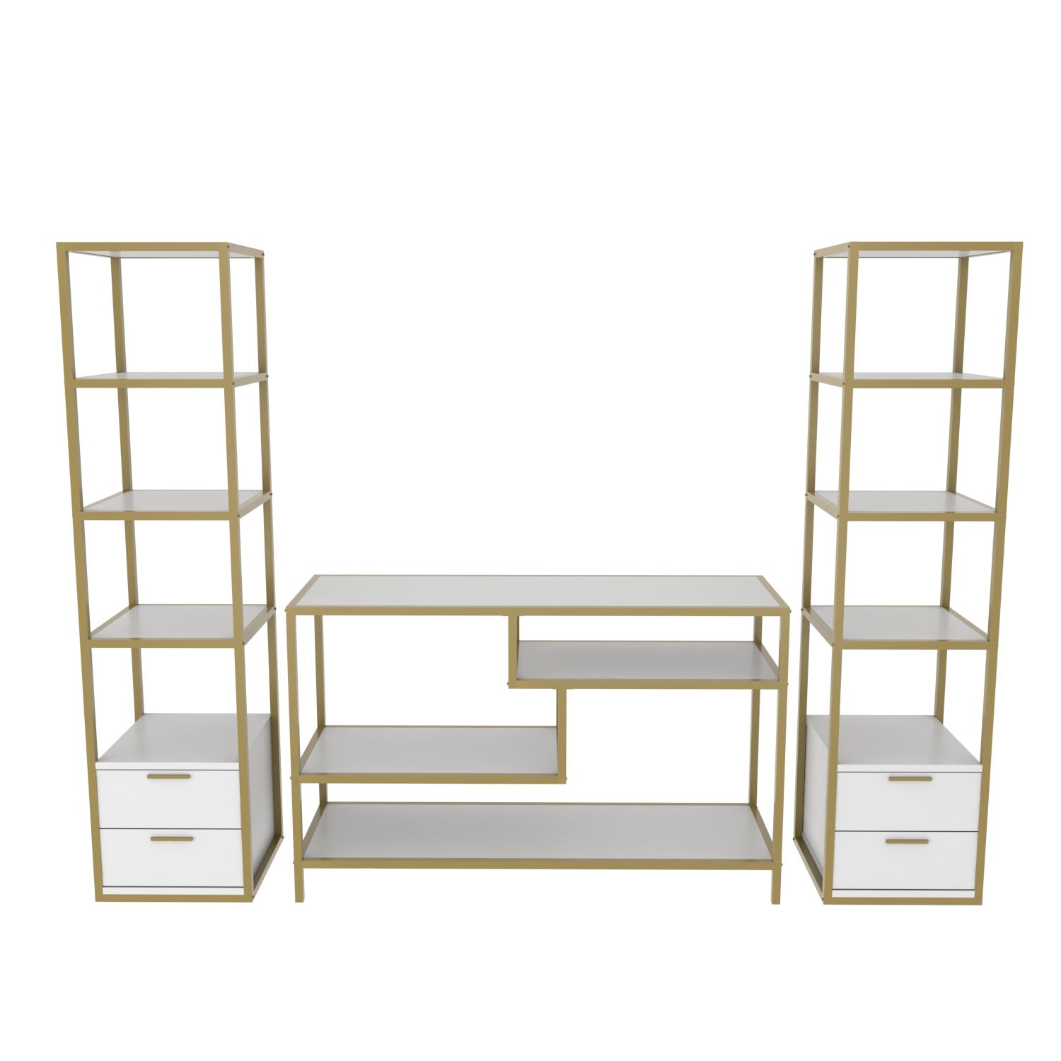 Móvel de TV Glamouroso, Dourado e Branco, 198 x 39 x 160 cm | Painel de partículas 100% revestido em melamina, 18 mm de espessura | Armazenamento elegante para salas de estar modernas