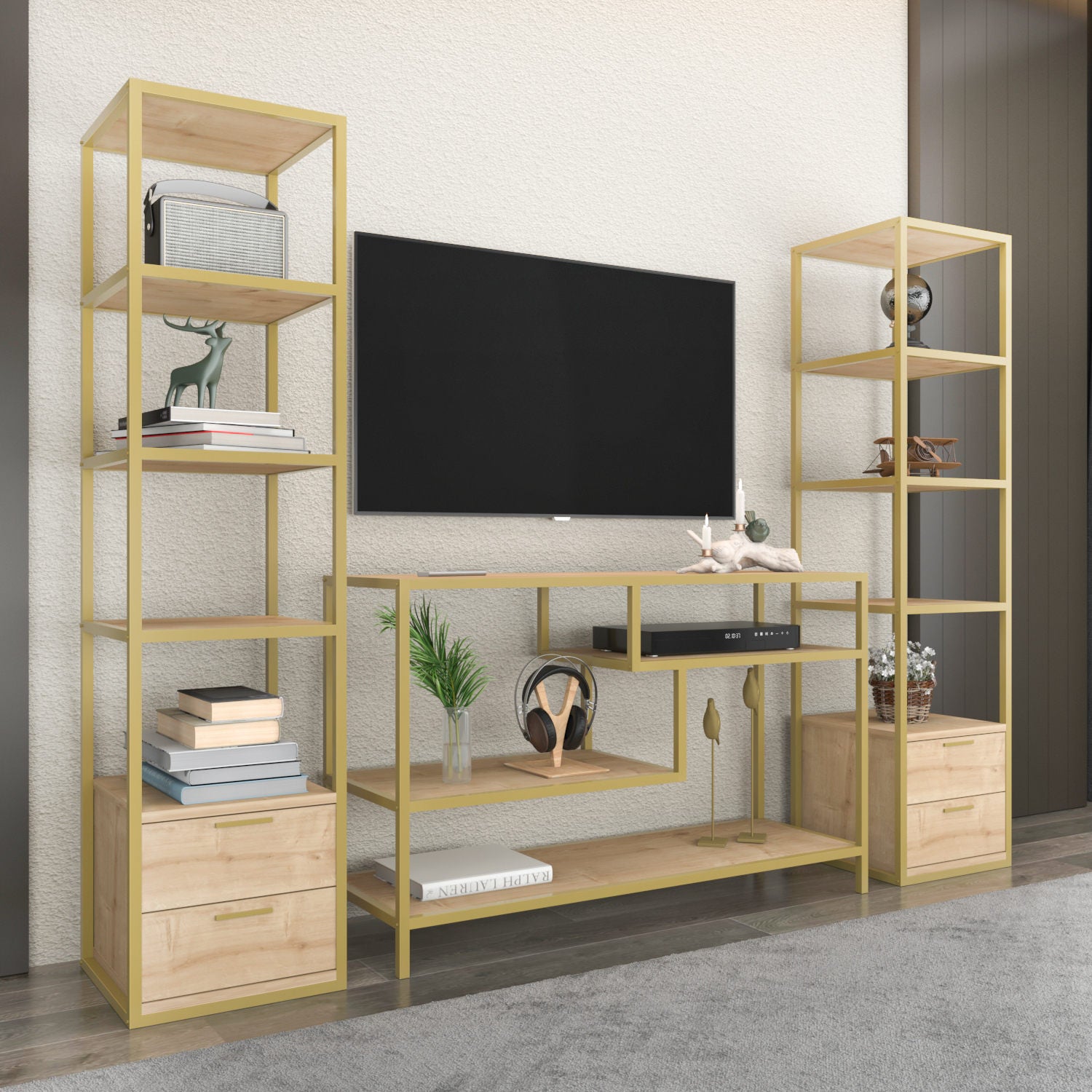 Móvel de TV Glamouroso, Dourado e Carvalho, 198 x 39 x 160 cm | Painel de partículas 100% revestido em melamina, 18 mm de espessura | Armazenamento elegante para salas de estar modernas