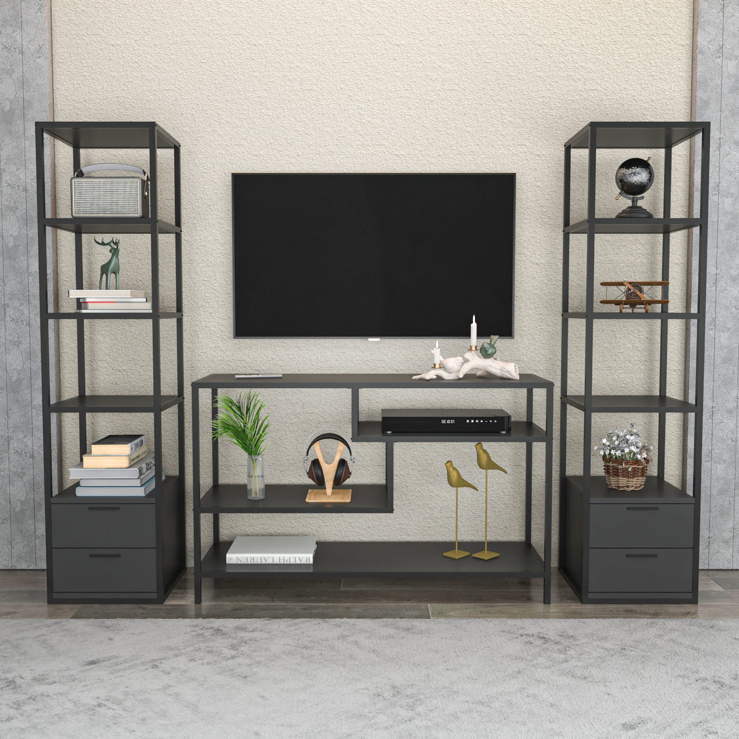 Móvel de TV Industrial, Preto e Antracite, 198 x 39 x 160 cm | Painel de partículas 100% revestido em melamina, 18 mm de espessura | Elegante e funcional para salas de estar modernas
