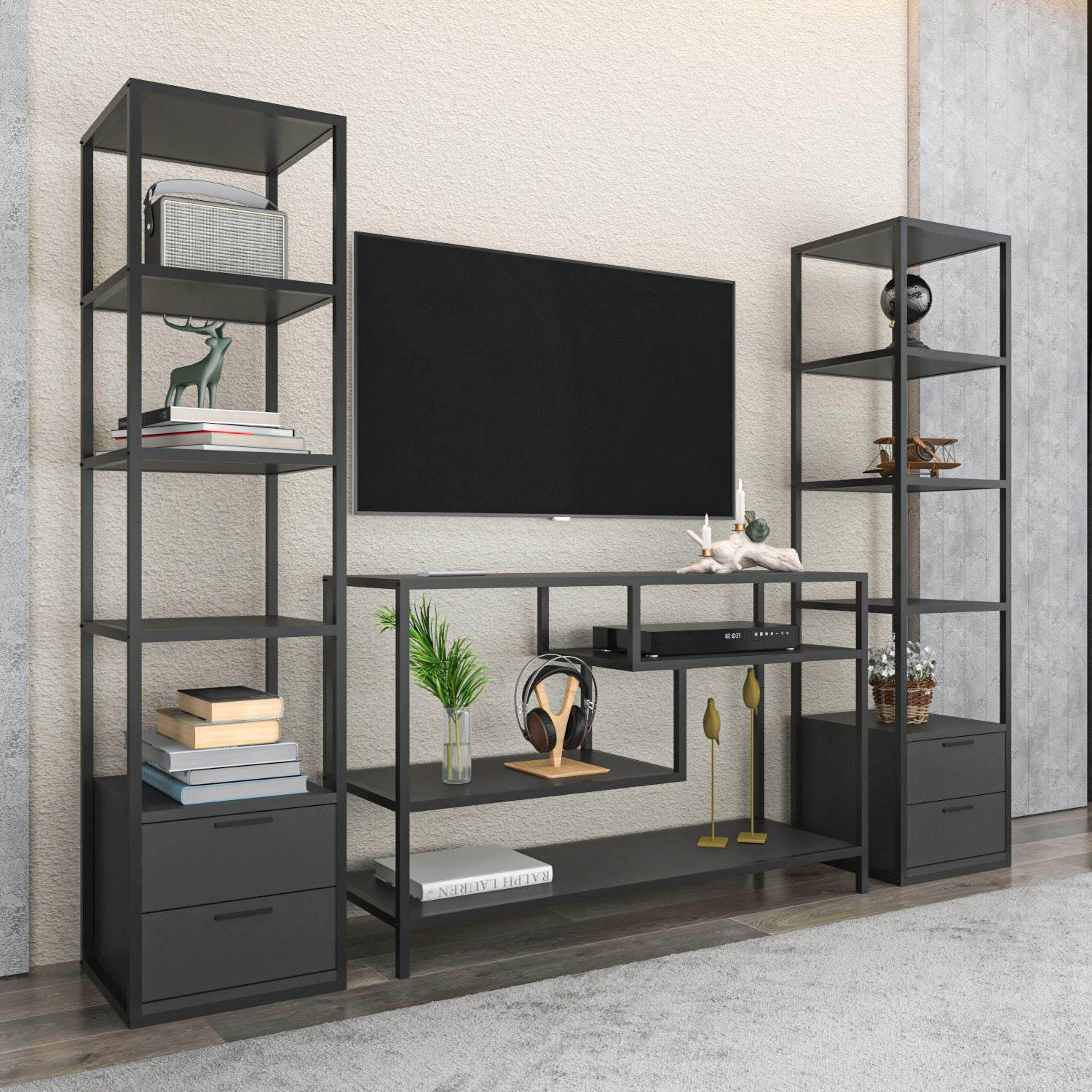 Móvel de TV Industrial, Preto e Antracite, 198 x 39 x 160 cm | Painel de partículas 100% revestido em melamina, 18 mm de espessura | Elegante e funcional para salas de estar modernas