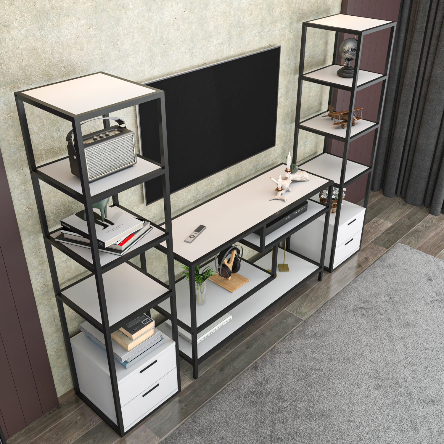 Móvel de TV elegante, preto e branco, 198 x 39 x 160 cm | Painel de partículas 100% revestido em melamina, 18 mm de espessura | Design moderno para salas de estar e espaços de entretenimento