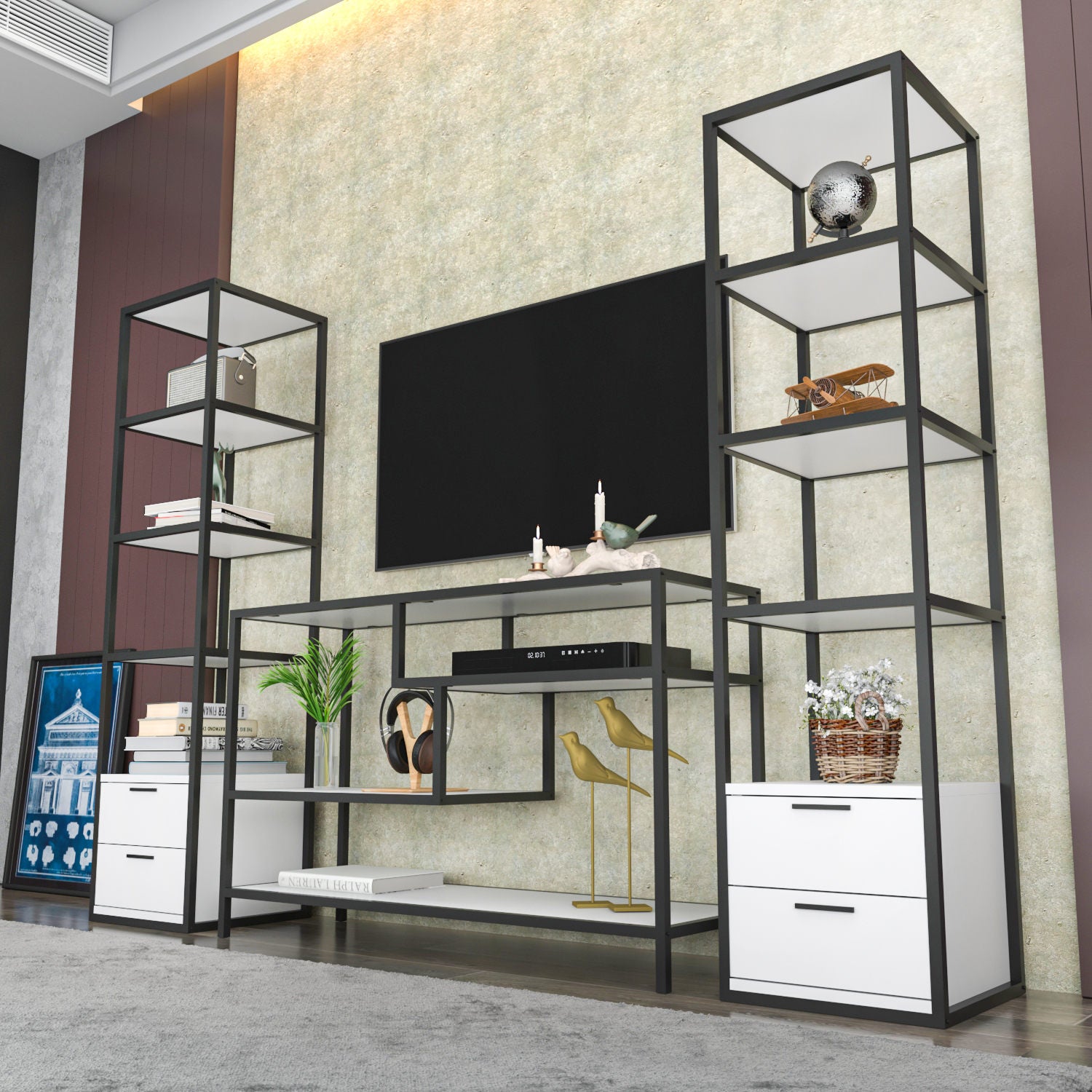 Móvel de TV elegante, preto e branco, 198 x 39 x 160 cm | Painel de partículas 100% revestido em melamina, 18 mm de espessura | Design moderno para salas de estar e espaços de entretenimento