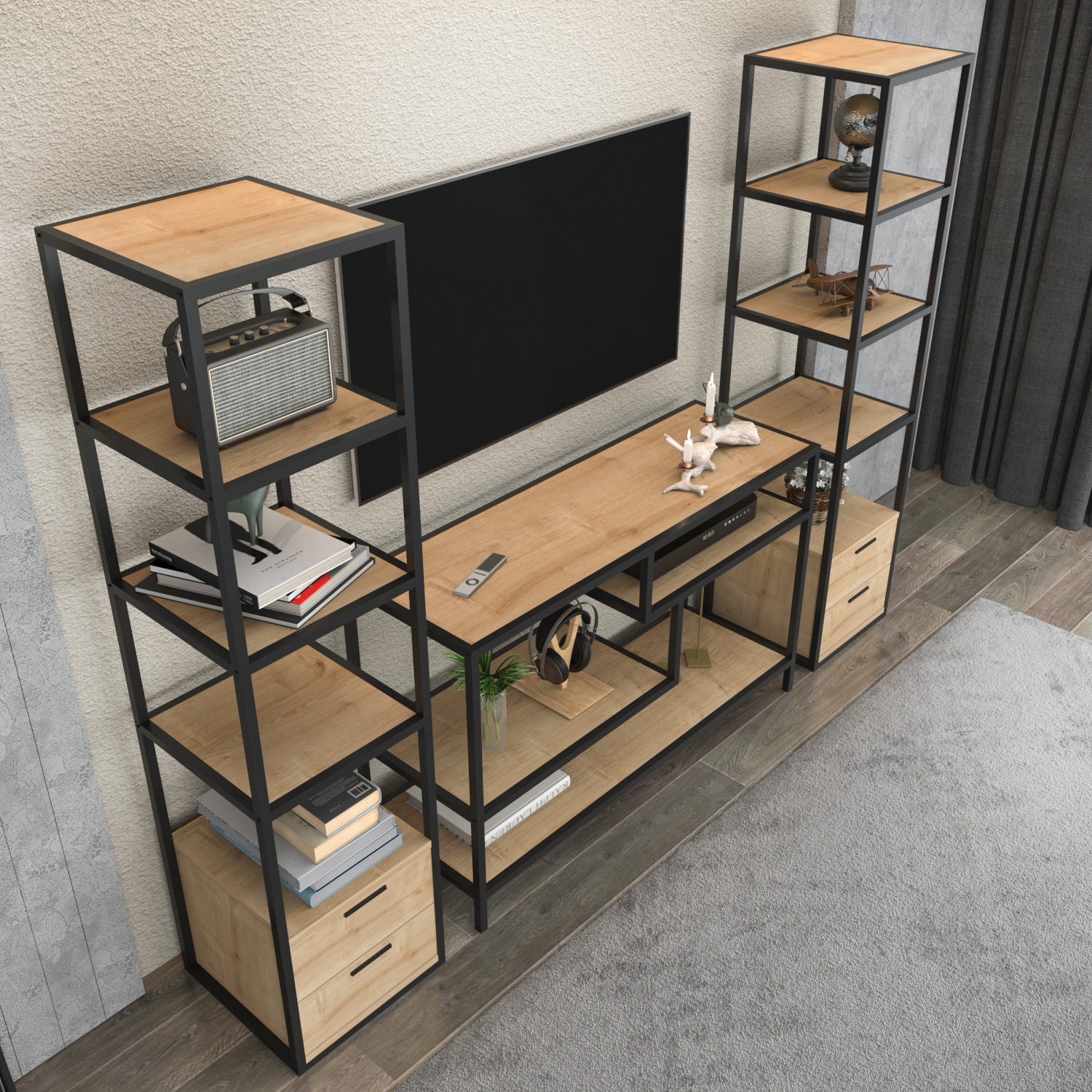 Móvel de TV Industrial, Preto e Carvalho, 198 x 39 x 160 cm | Painel de Partículas 100% Revestido em Melamina, 18 mm de Espessura | Elegante e Funcional para Salas de Estar Modernas