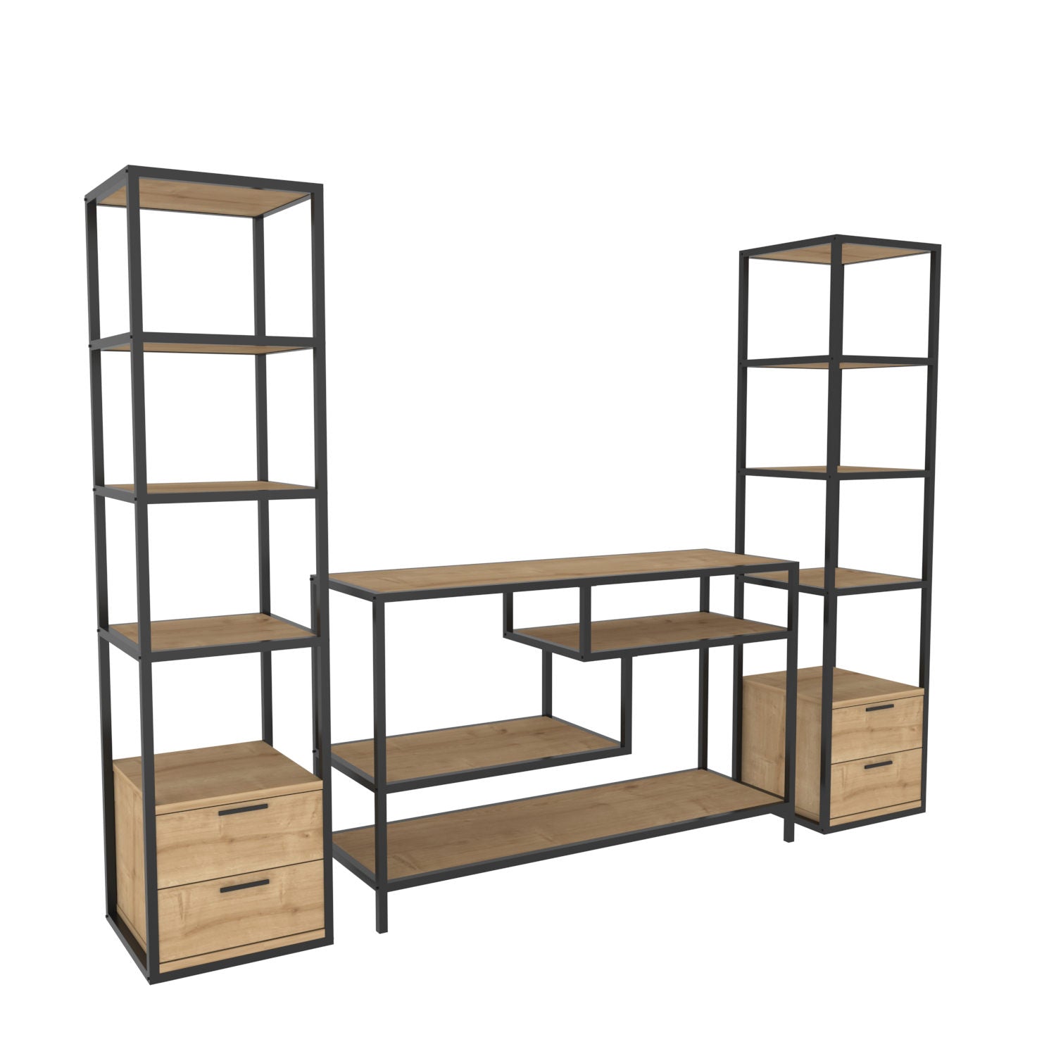 Móvel de TV Industrial, Preto e Carvalho, 198 x 39 x 160 cm | Painel de Partículas 100% Revestido em Melamina, 18 mm de Espessura | Elegante e Funcional para Salas de Estar Modernas