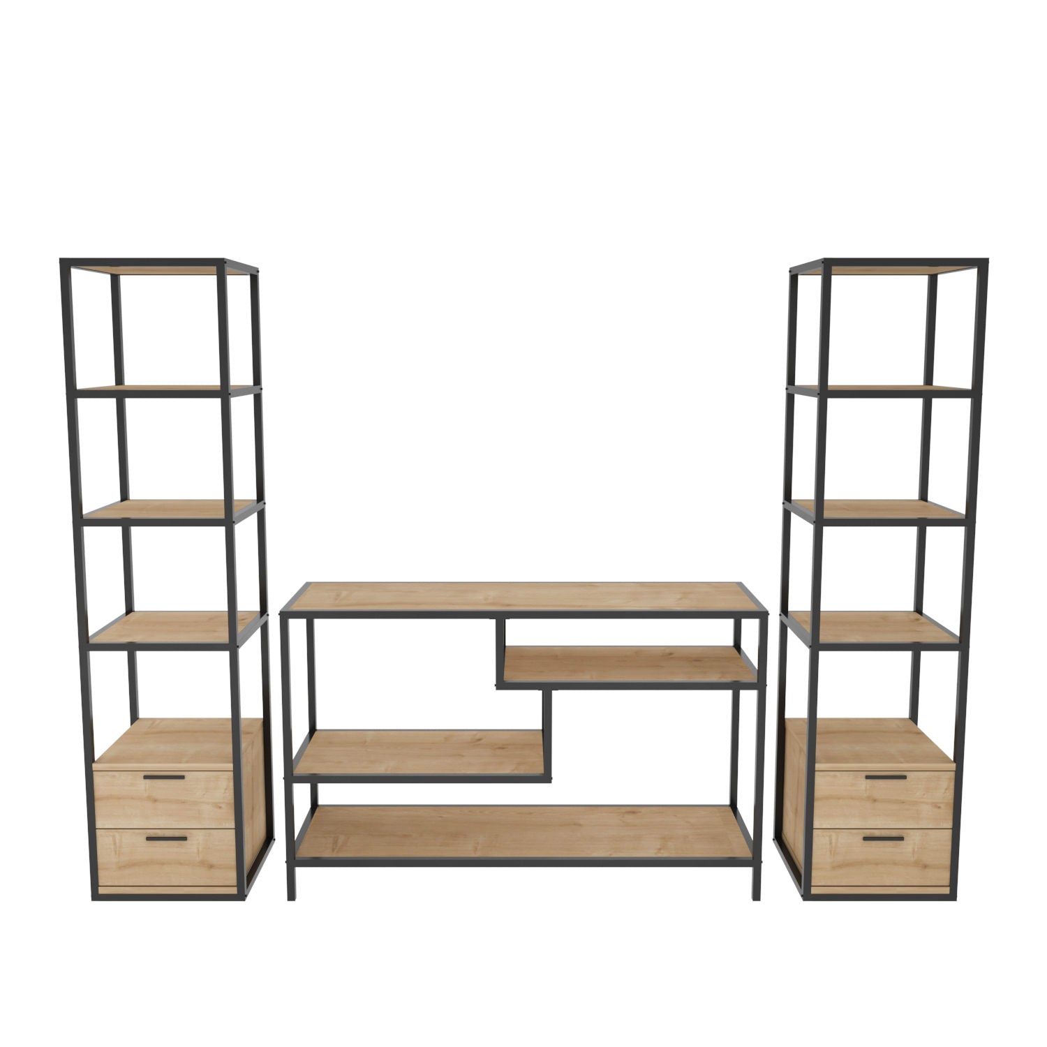 Móvel de TV Industrial, Preto e Carvalho, 198 x 39 x 160 cm | Painel de Partículas 100% Revestido em Melamina, 18 mm de Espessura | Elegante e Funcional para Salas de Estar Modernas