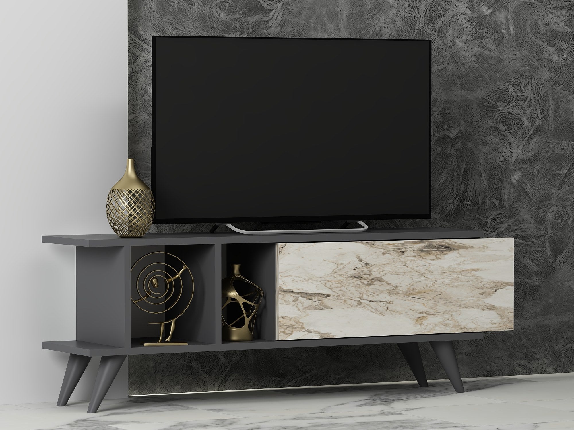 Móvel de TV – 120cm x 30cm x 45cm – Antracite e Mármore – painéis de partículas com revestimento em melamina