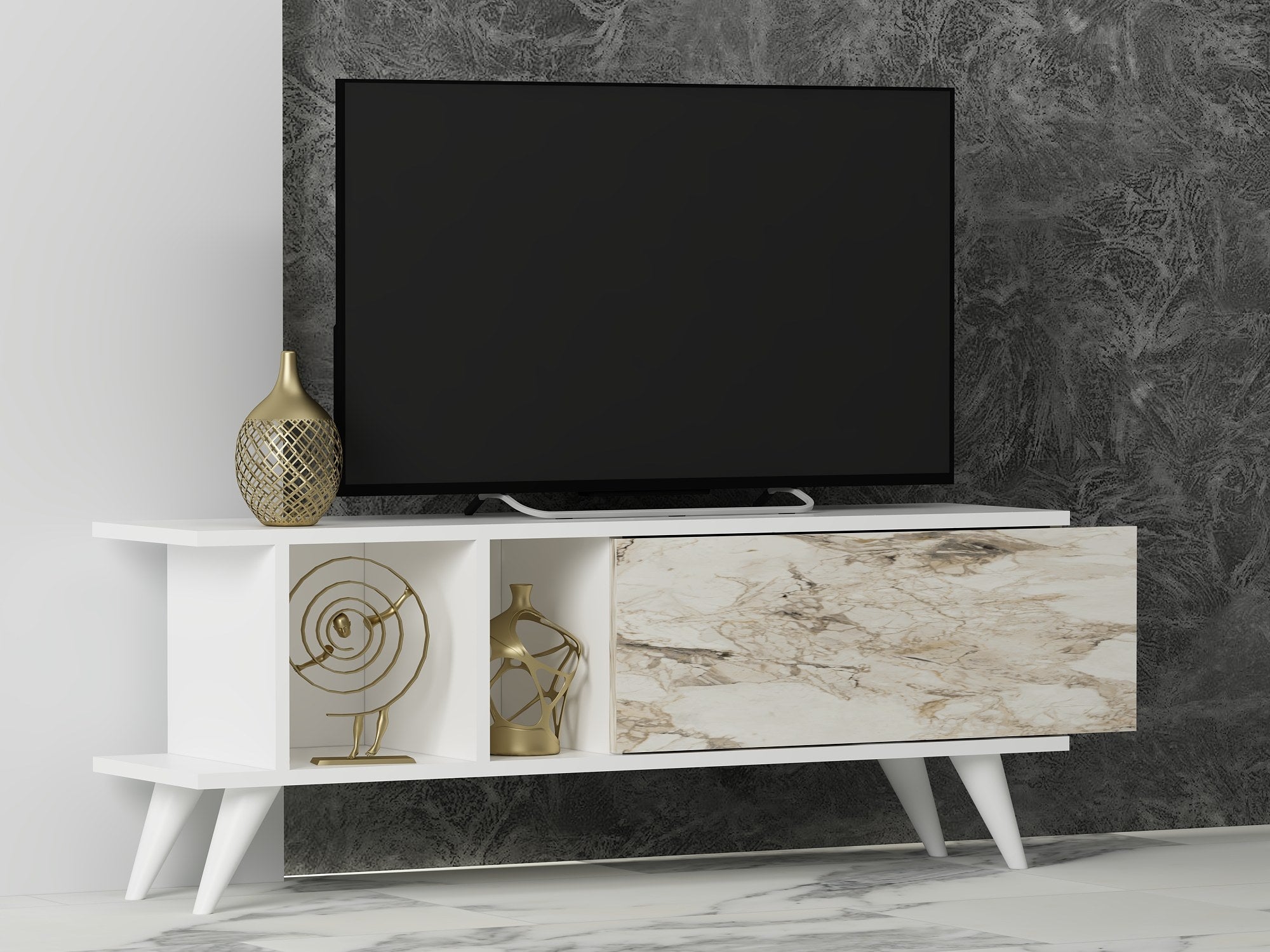 Móvel de TV – 120 cm x 30 cm x 45 cm – Branco e Mármore – MDF