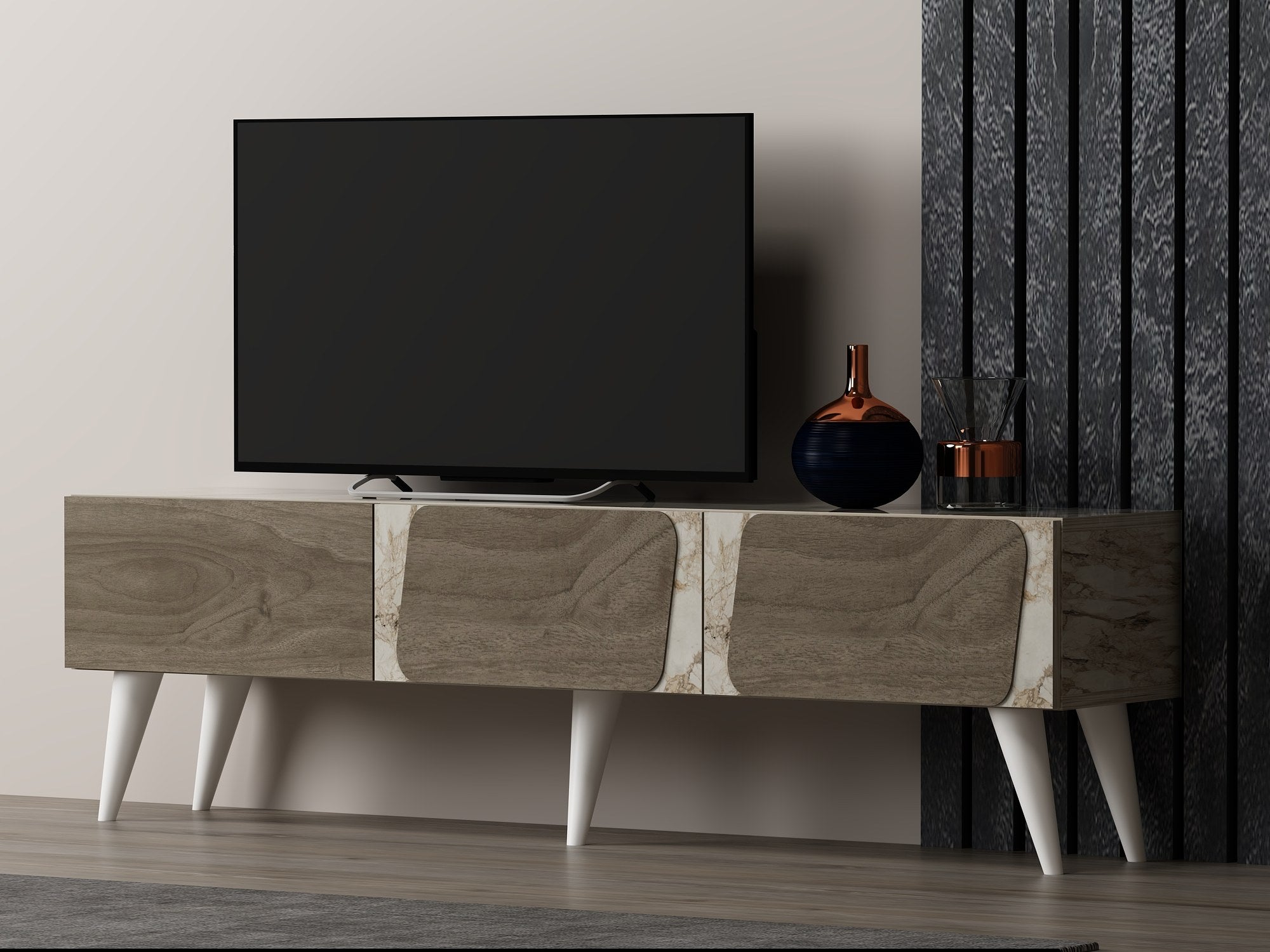 Móvel de TV – 150 cm x 30 cm x 43 cm – Mármore e Noz – MDF