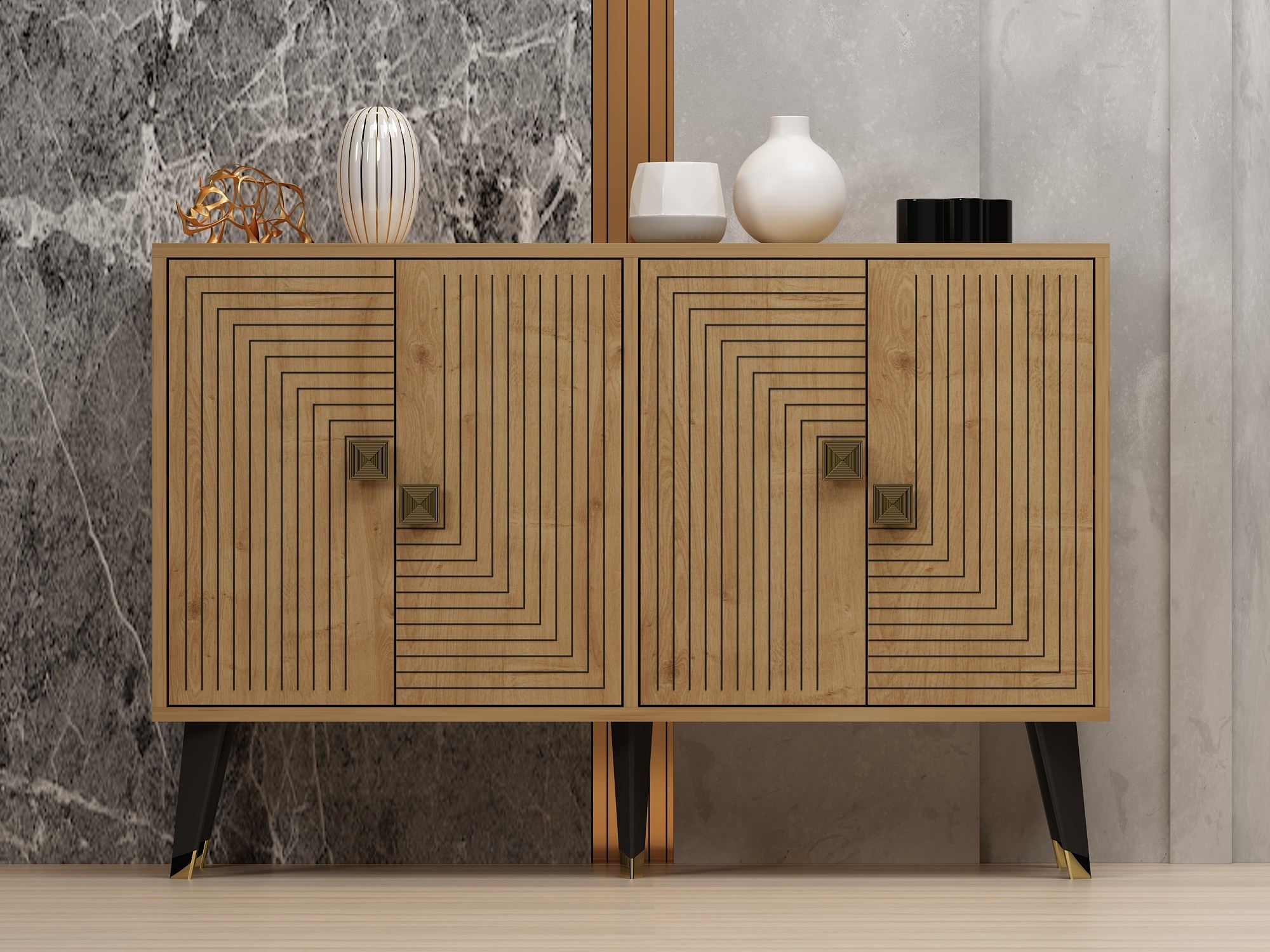 Aparador em Painel de Partículas – 120 x 30 x 80 cm – Carvalho Safira e Dourado – 100% Revestido em Melamina