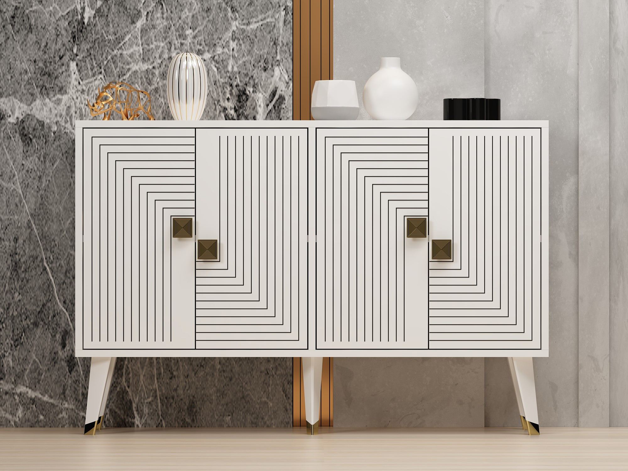Aparador – 120 x 30 x 80 cm – Branco e Dourado – Painel de Partículas