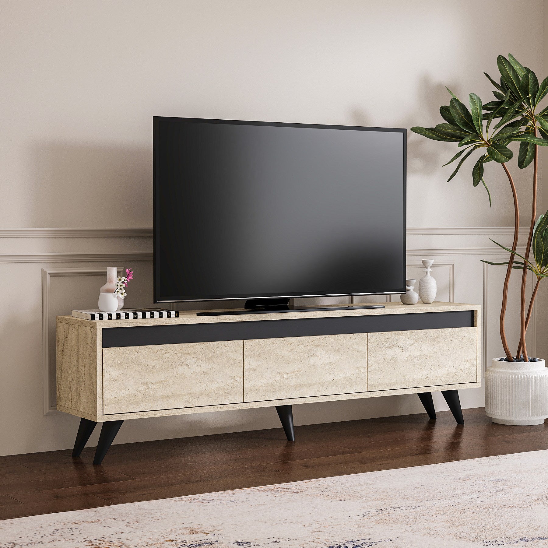 Móvel de TV – 150 cm x 29,6 cm x 45 cm – Travertino e Antracito – Placa de Partículas e Plástico