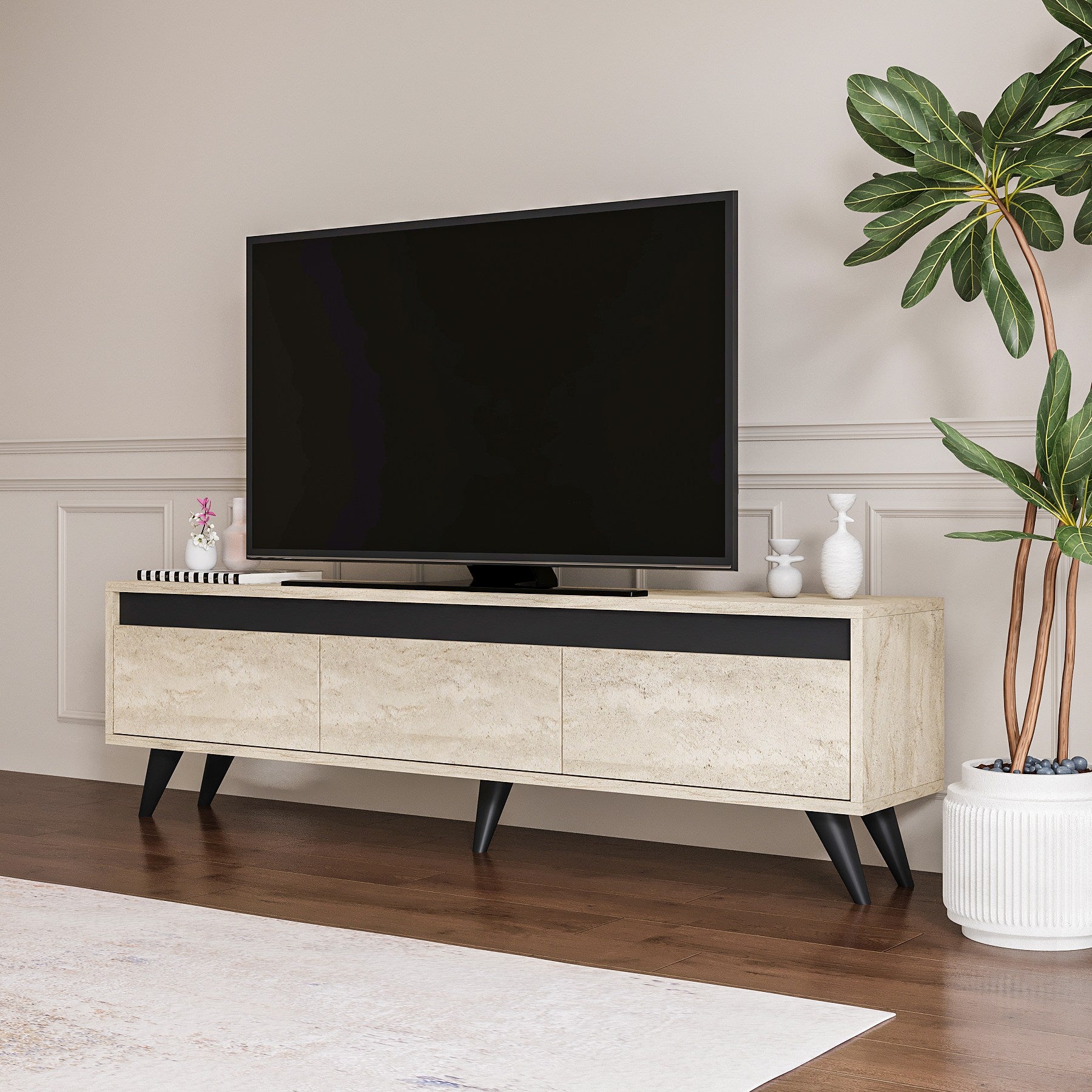 Móvel de TV – 150 cm x 29,6 cm x 45 cm – Travertino e Antracito – Placa de Partículas e Plástico