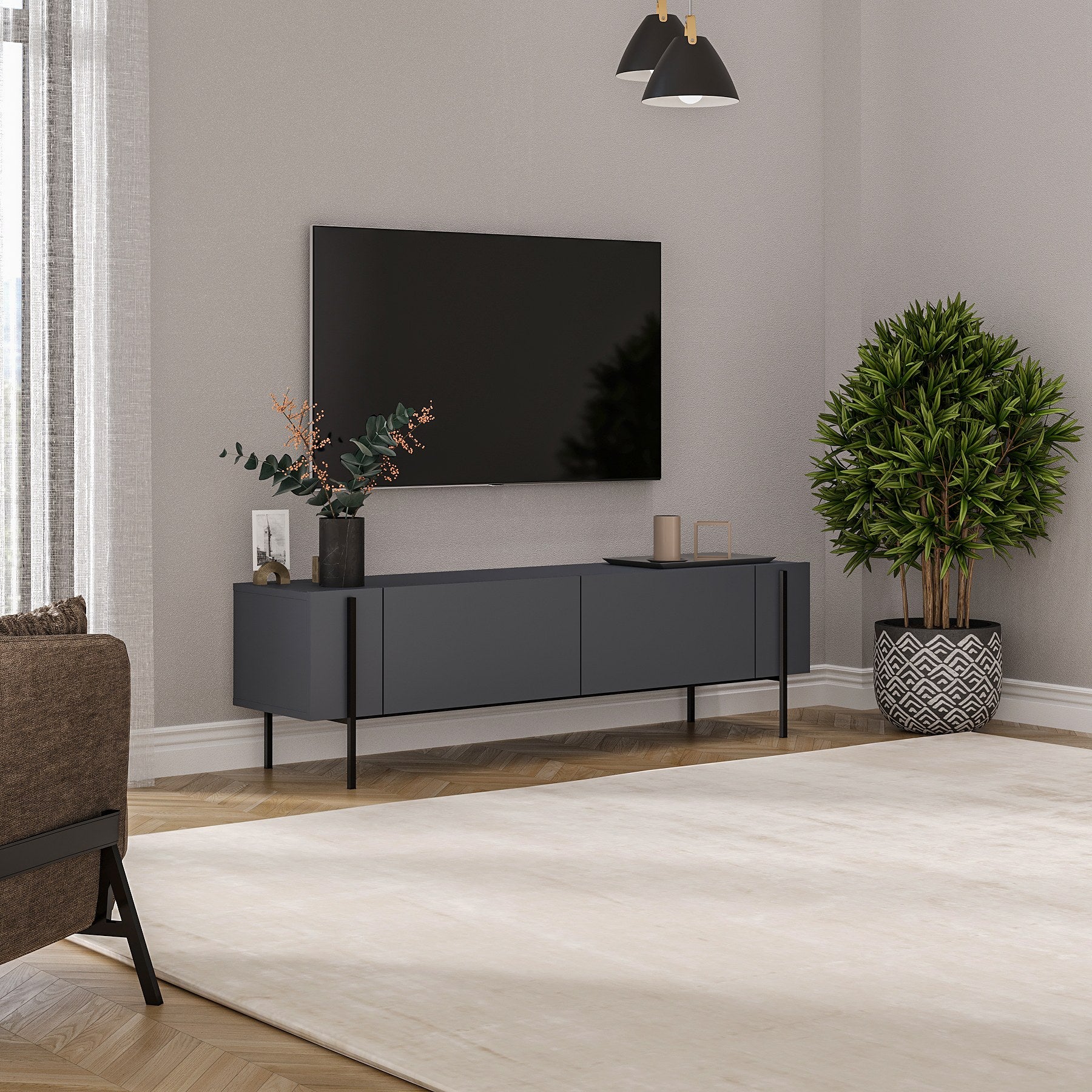 Móvel de TV – 160 cm x 45,6 cm x 31,4 cm – Cor Antracite – Painéis de partículas revestidos a melamina