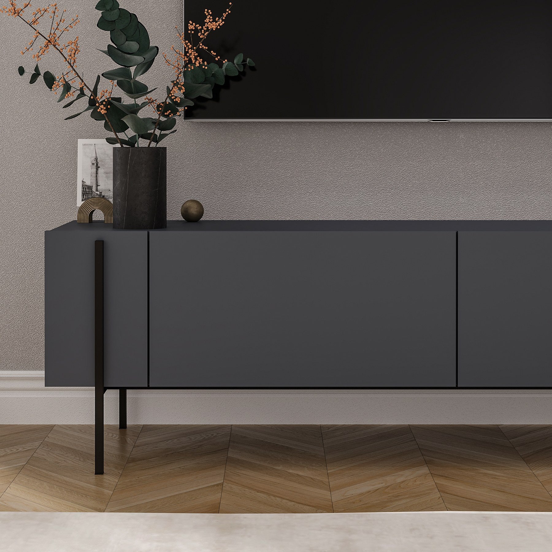 Móvel de TV – 160 cm x 45,6 cm x 31,4 cm – Cor Antracite – Painéis de partículas revestidos a melamina