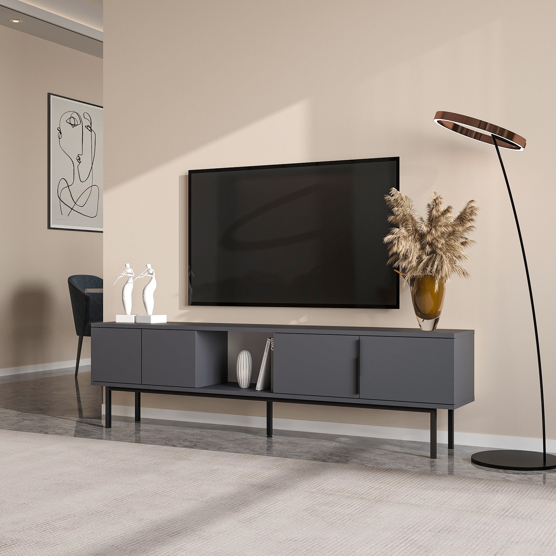 Móvel de TV – 180cm x 50cm x 29.6cm – Antracite – Painel de partículas revestido a melamina