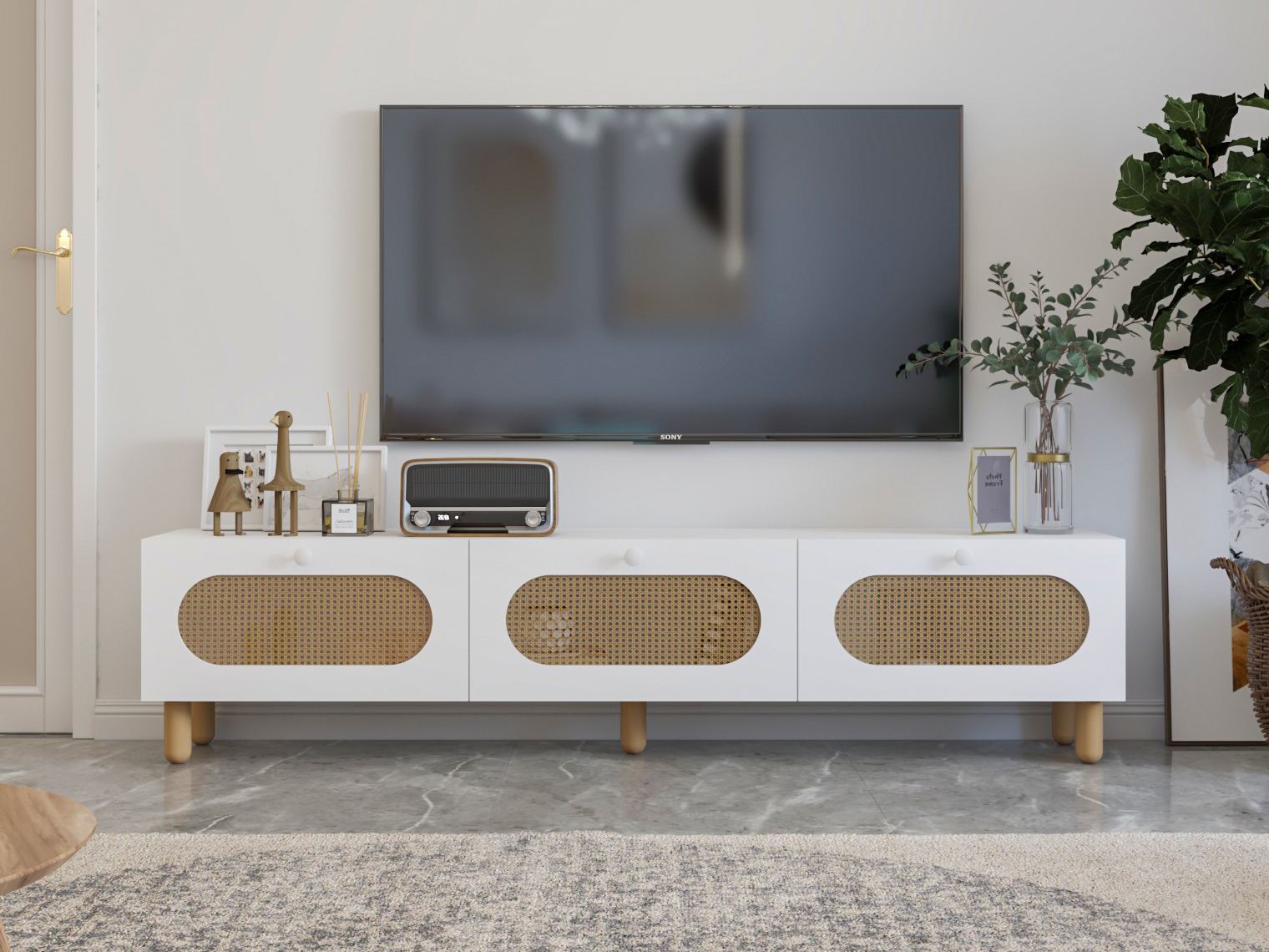 Móvel de TV – 180 cm – Branco e Rattan – MDF