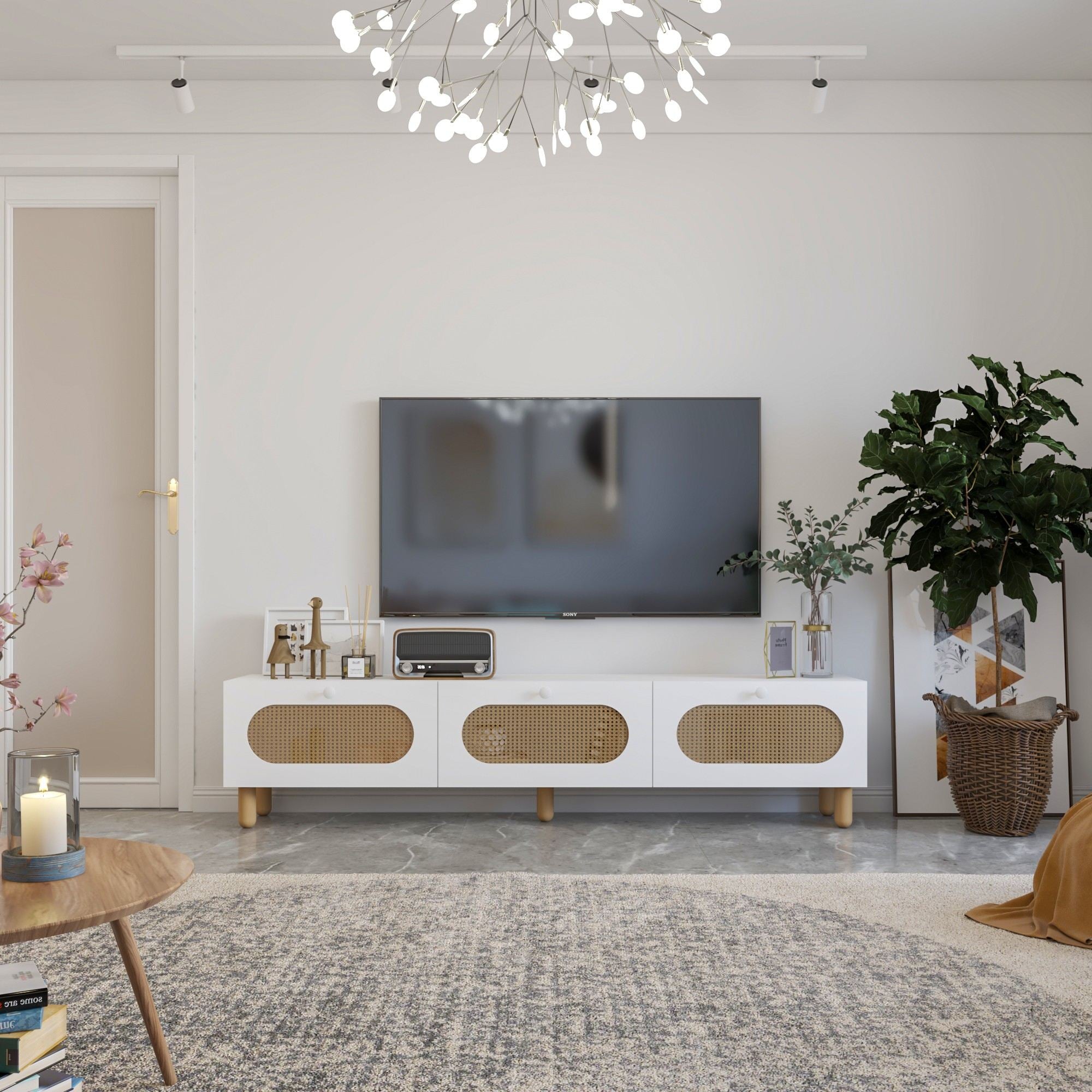 Móvel de TV – 180 cm – Branco e Rattan – MDF
