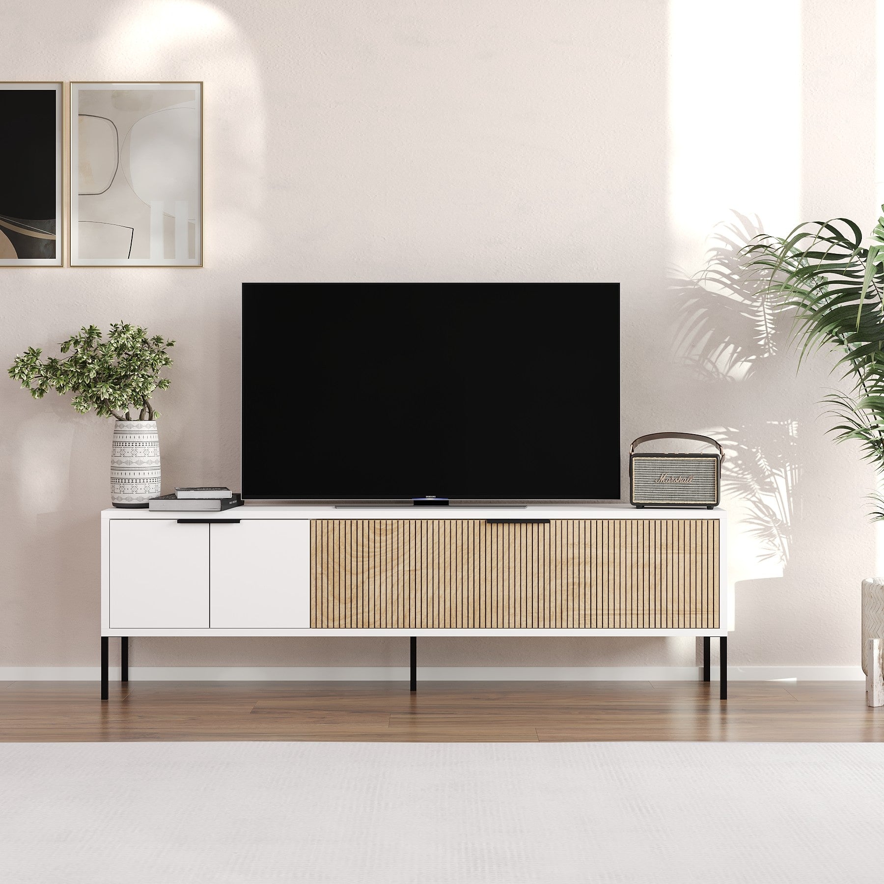 Móvel de TV – 150 cm x 45 cm x 30 cm – Branco e Rattan – MDF