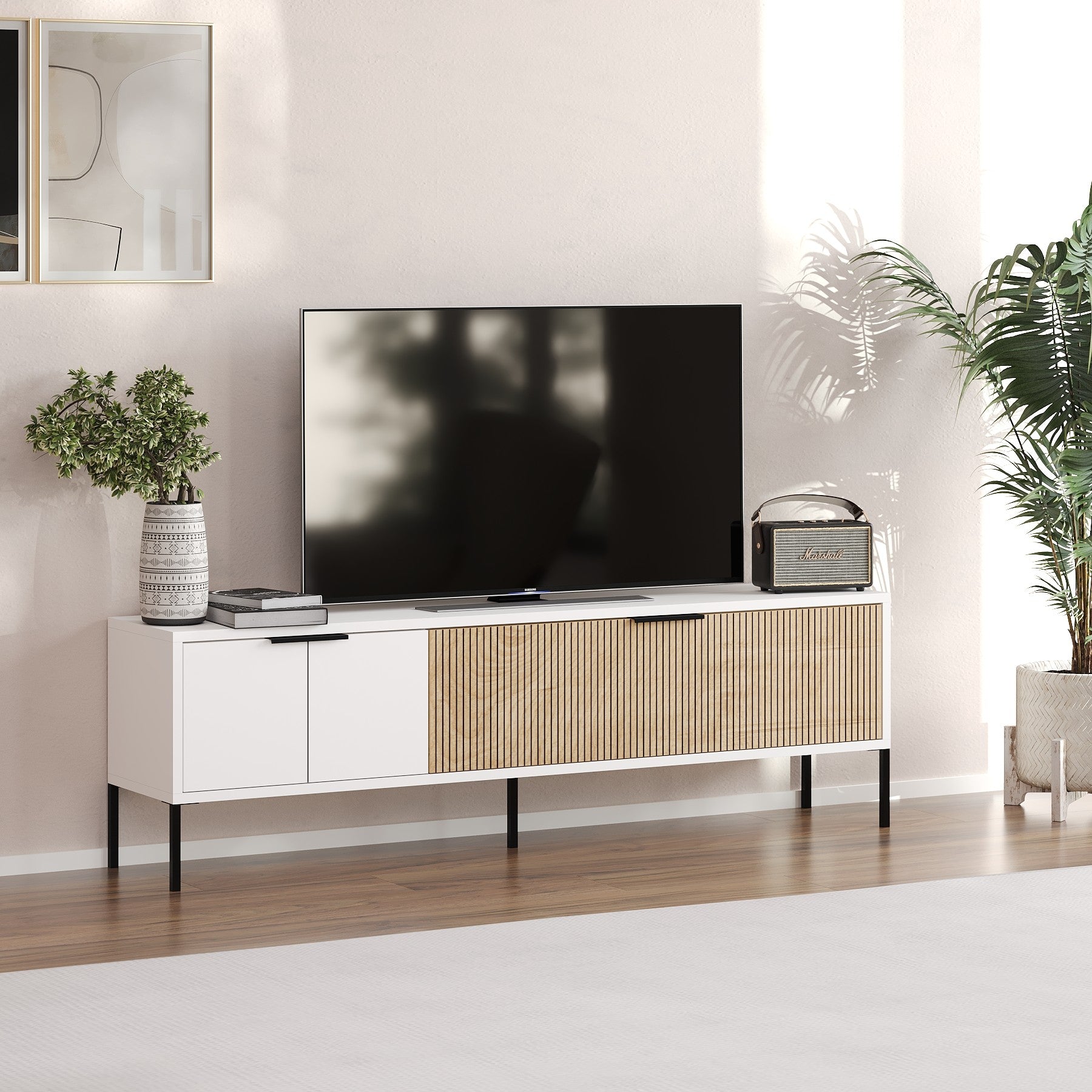 Móvel de TV – 150 cm x 45 cm x 30 cm – Branco e Rattan – MDF