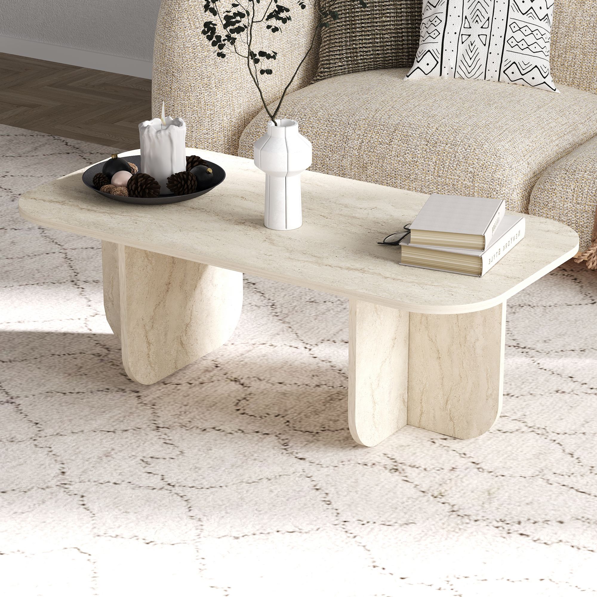 Mesa de Centro Elegante, Cor Travertino, 120 x 60 x 41,4 cm | Painel de Partículas 100% Revestido em Melamina, 18 mm de Espessura | Perfeita para Salas de Estar Modernas