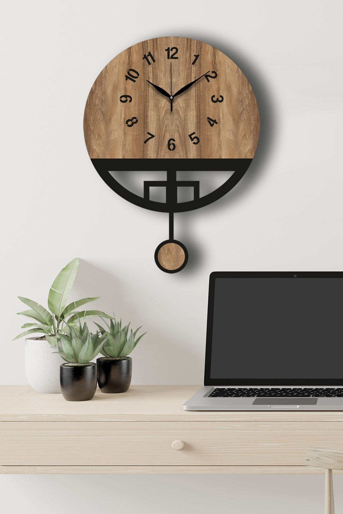 Relógio de Parede Decorativo em MDF Vlnt108Mo — Nogueira/Preto, Ø39 cm