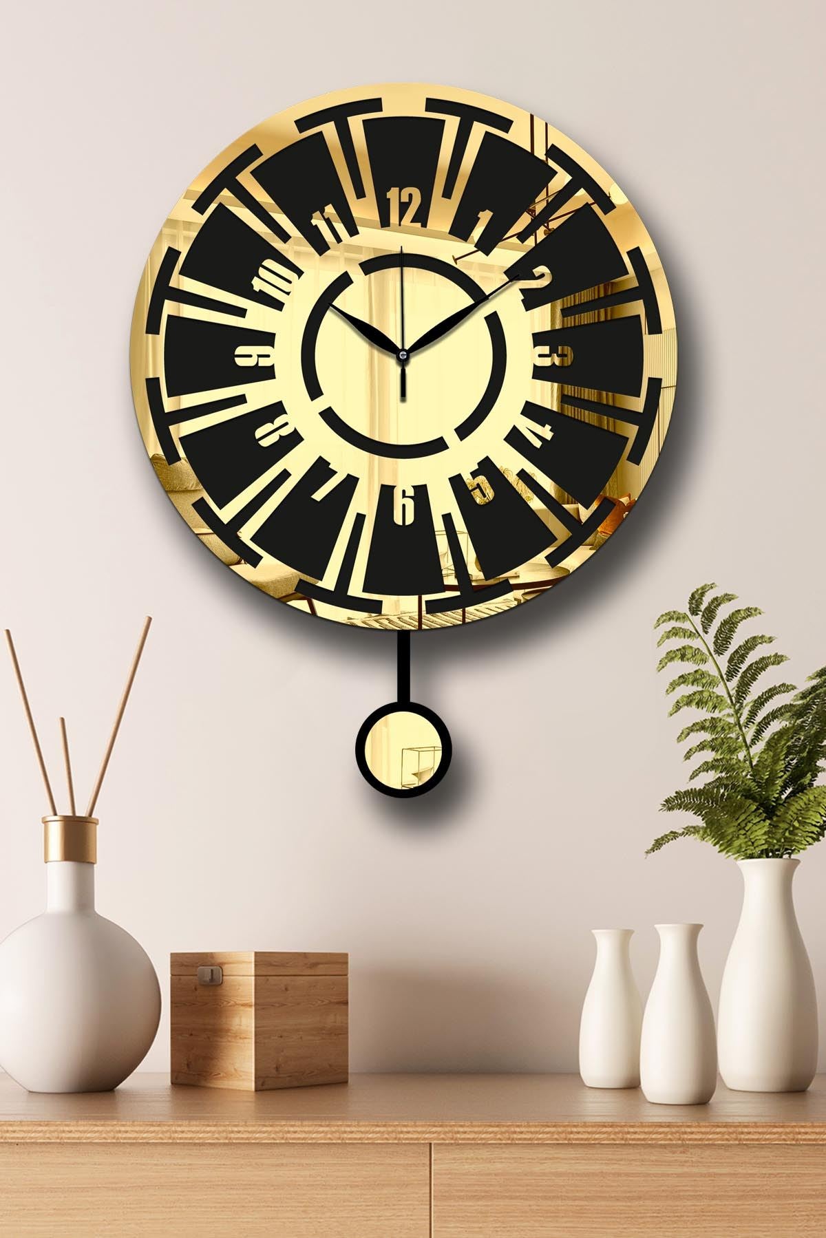 Relógio de Parede Decorativo Vlnt114Al — Dourado e Preto, MDF/Acrílico, Ø39 cm, Espessura 3,6 mm