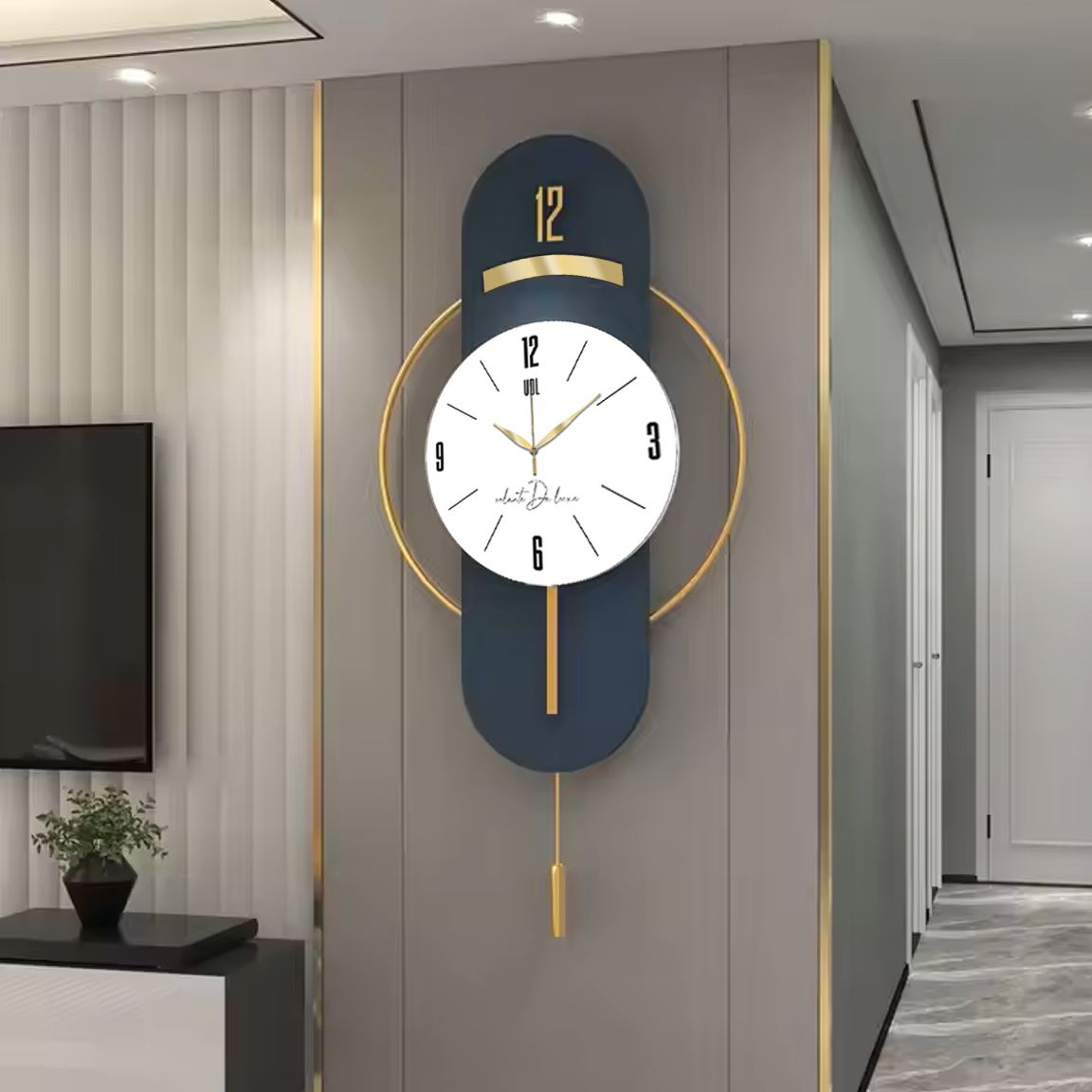 Relógio de Parede Decorativo Vlnt101 – Azul‑Marinho, MDF & Aço, Ø40 cm