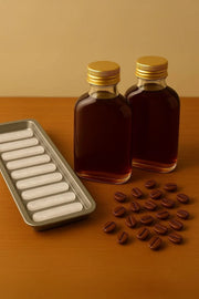 Conjunto de garrafas de vidro – 15,5 x 7,5 cm (2 peças) e 24 x 9 cm (1 peça) – Transparente e Dourado – Vidro