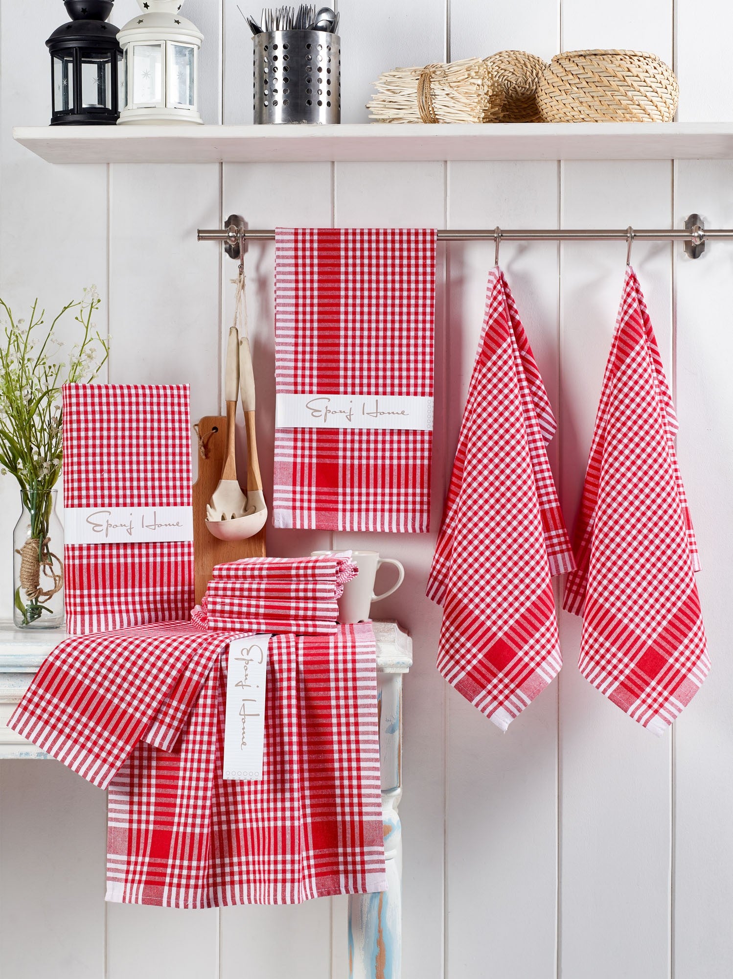 Conjunto de toalhas de rosto (10 peças) – 45 x 65 cm – Vermelho, Branco – 100% algodão