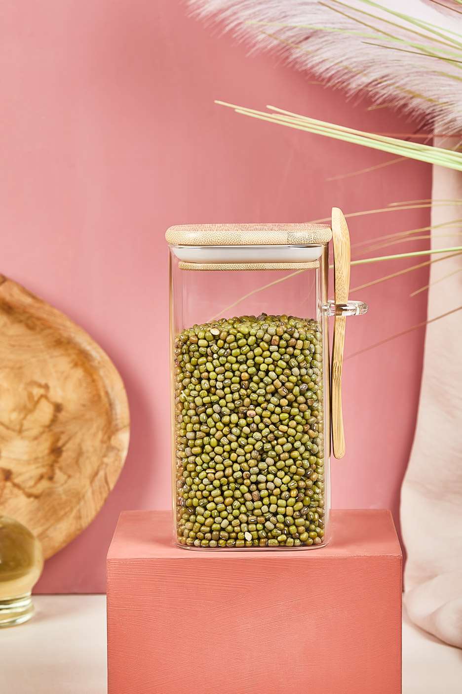 Conjunto de potes de vidro – 15 x 8 cm – Transparente – bambu