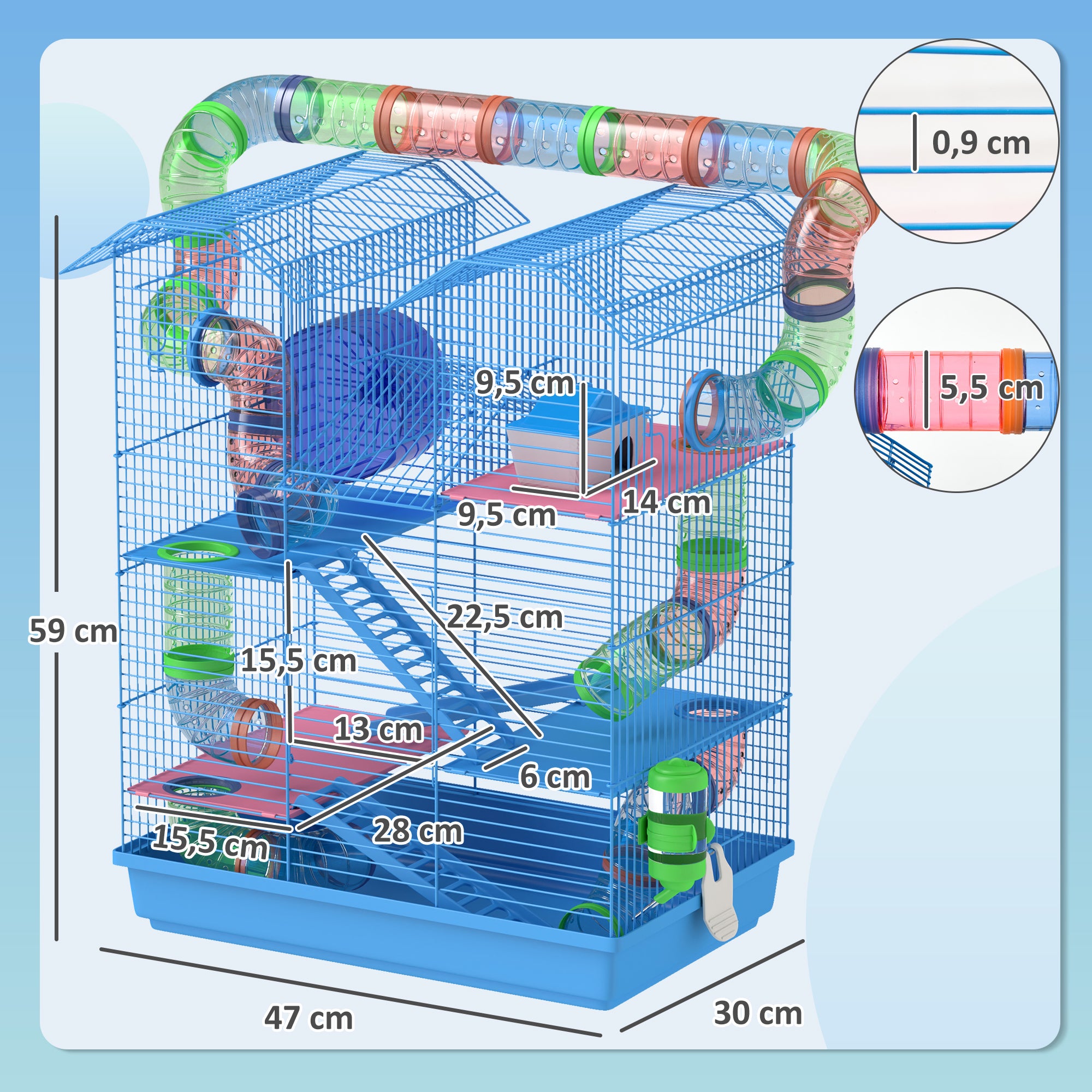 Gaiola Habitat para Hamster com Várias Plataformas 47x30x59 cm Azul
