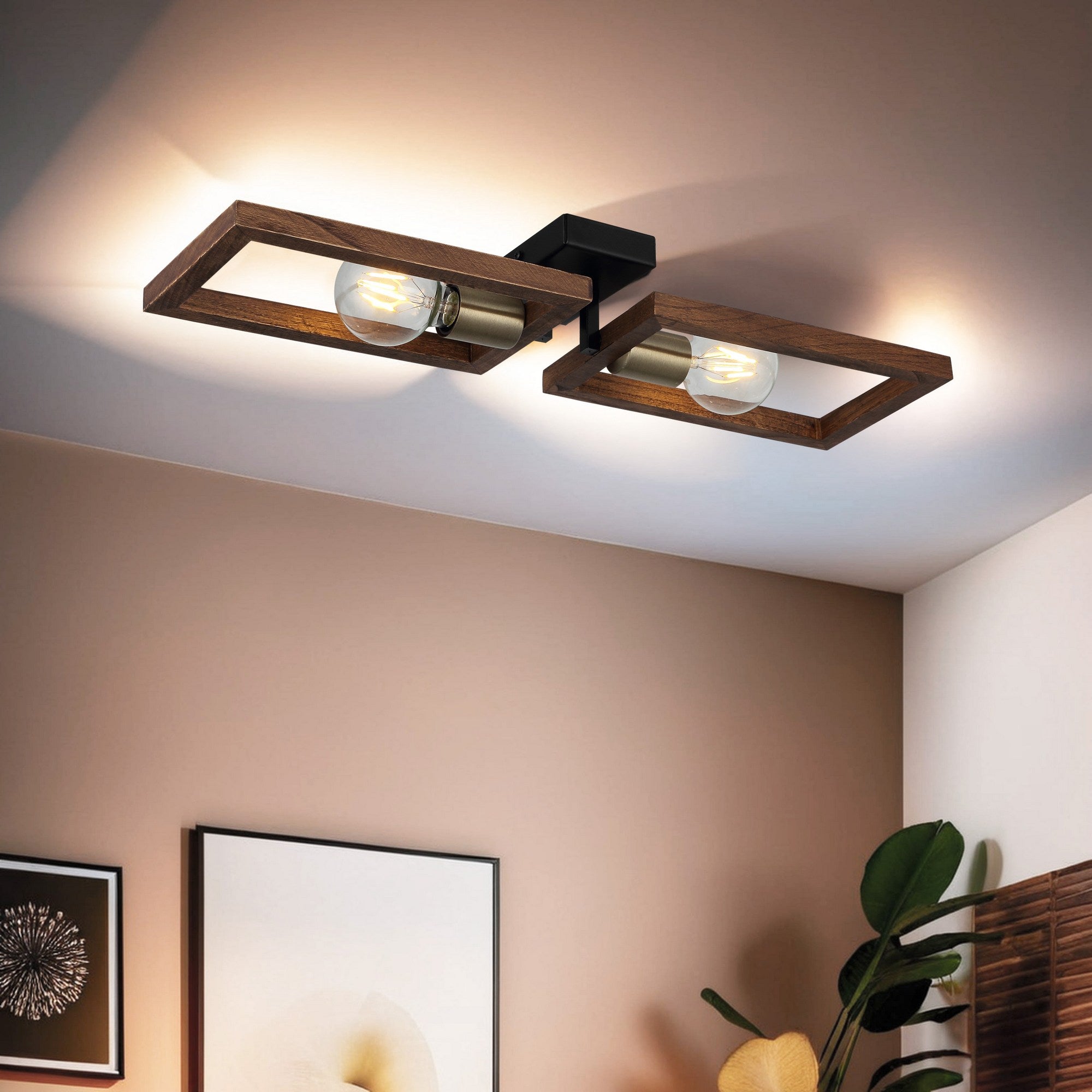 Candeeiro de Teto de Metal e Madeira – 9 cm de Altura – Preto e Madeira – Metal e Madeira.