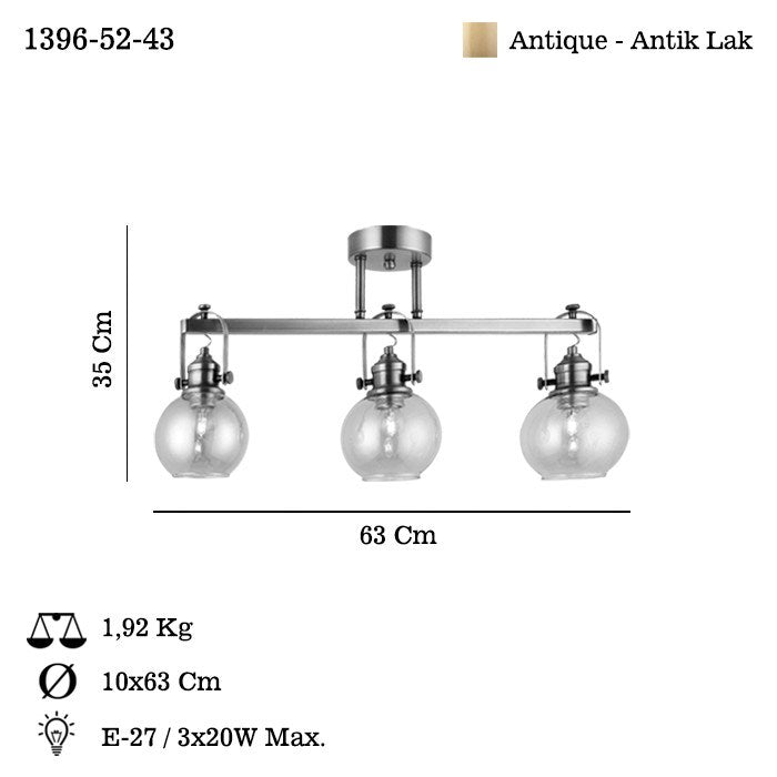 Candeeiro de Teto – 35 cm – Antiguidade – Metal e vidro