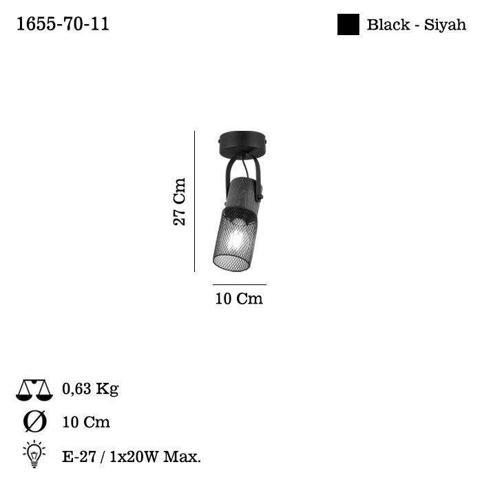 Candeeiro de Teto – 27 cm – Preto – Metal