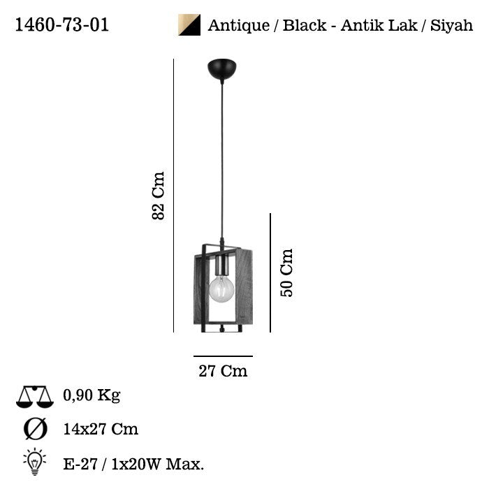 Candeeiro de Teto – 50-82 cm – Preto – Metal e Madeira