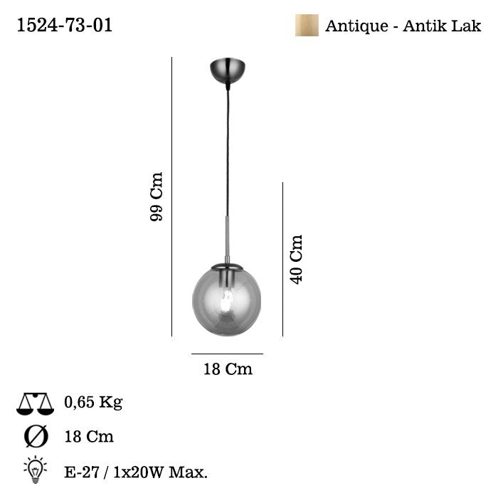 Candeeiro de Teto em Metal – 40-99 cm – Cor antiquação – Vidro