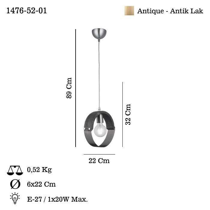 Candeeiro de Teto – 32-89 cm – Antigo – Metal e Madeira