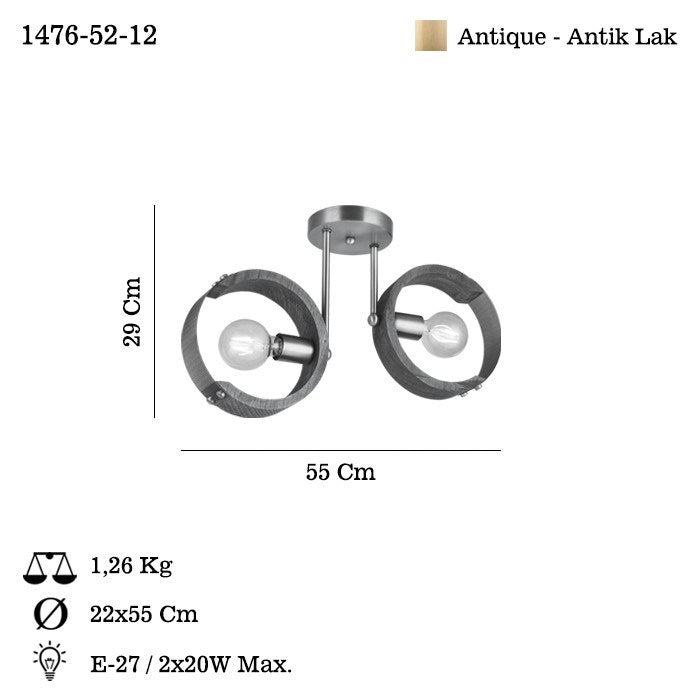Candeeiro de Teto – 29 cm – Cor antiquada – Metal e Madeira