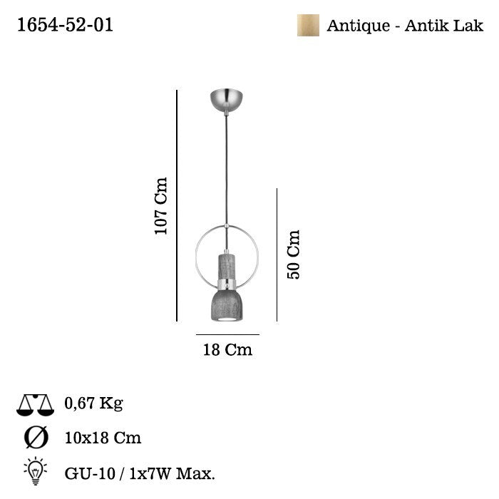 Candeeiro de Teto – 50 - 107 cm – Laca Antiga – Metal e Madeira