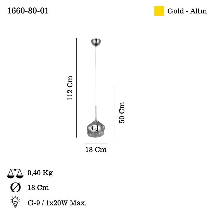 Candeeiro de Teto - Ø18 cm - Ouro - Metal com vidro