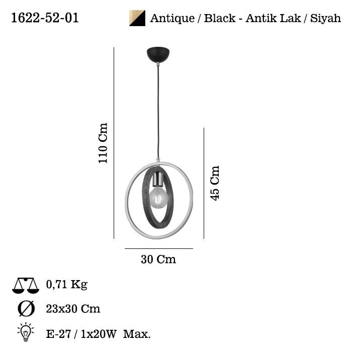 Candeeiro de Teto – 45-110 cm – Laca Antiga – Metal e Madeira