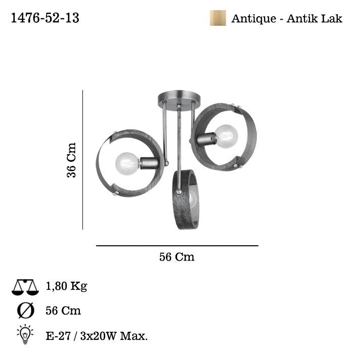 Candeeiro de Teto – 36 cm – Cor antiquação – Metal e Madeira