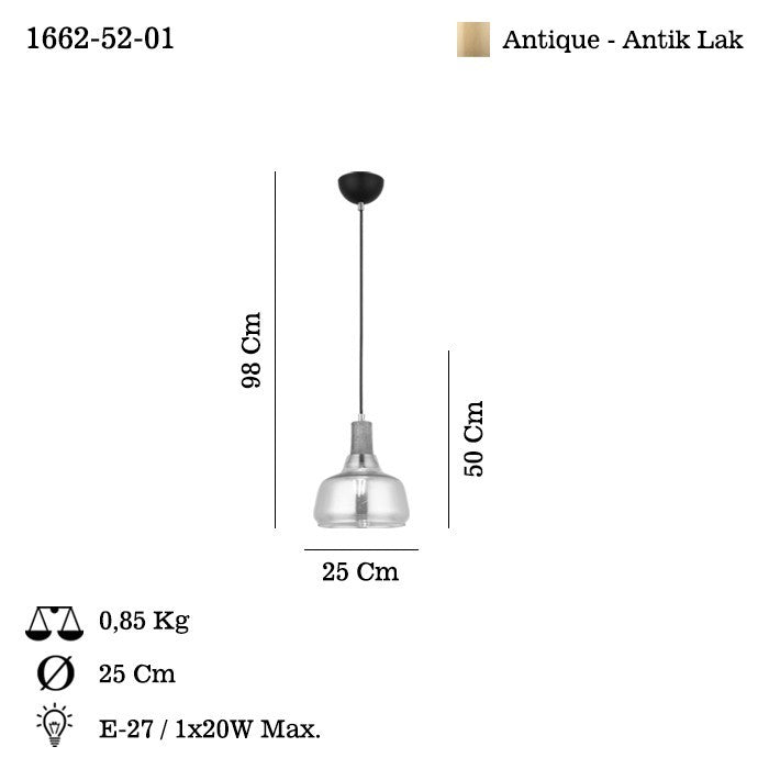 Candeeiro de Teto – 50-98 cm – Laca Antiga – Metal com Vidro