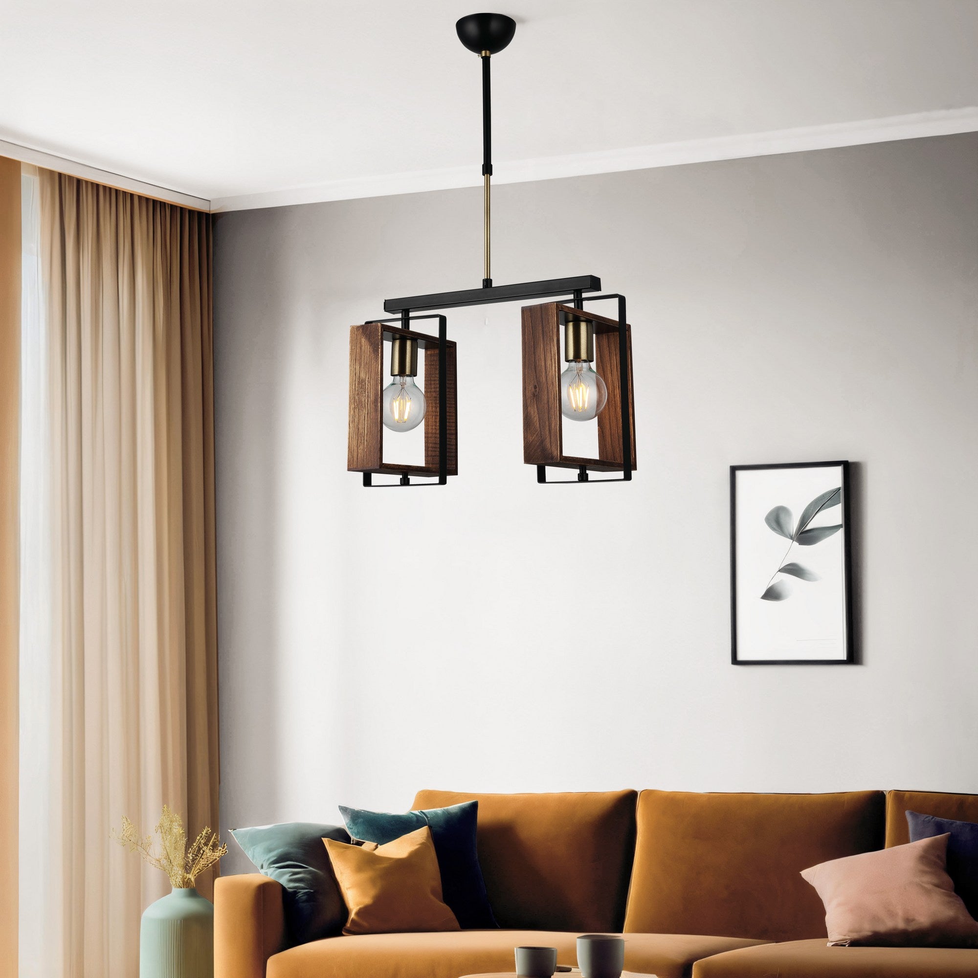 Candeeiro de Teto – 61-86 cm – Preto – Metal e Madeira