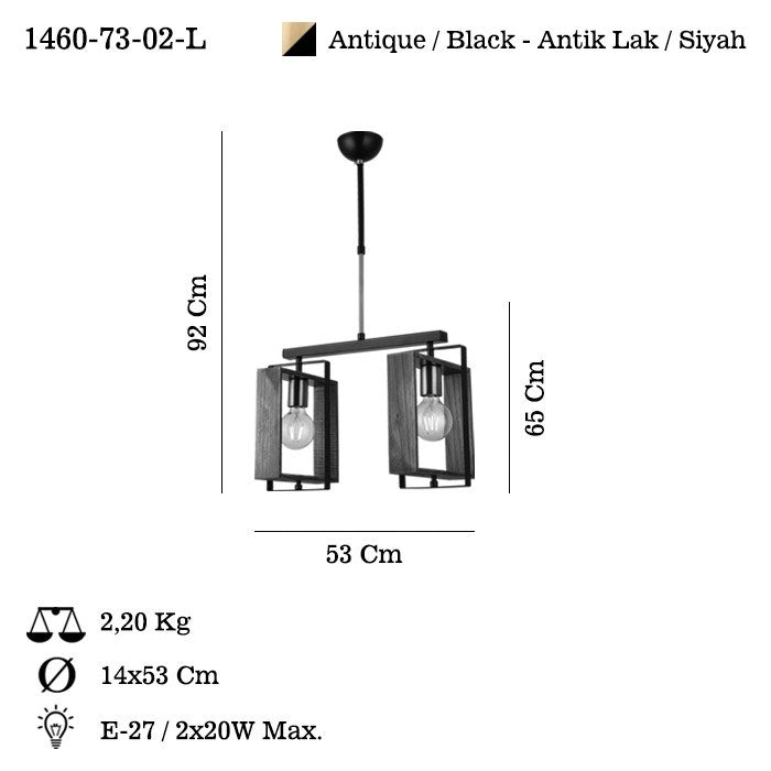 Candeeiro de Teto – 61-86 cm – Preto – Metal e Madeira
